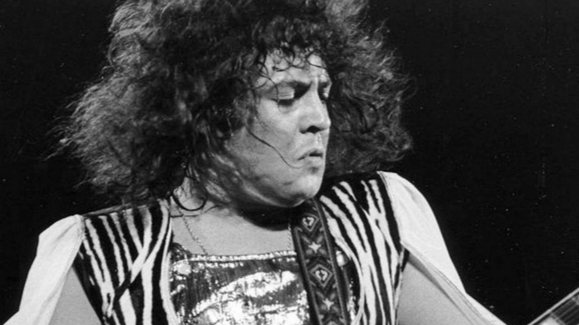Photo of Marc Bolan (T Rex) from a 1973 ABC Television In Concert performance.