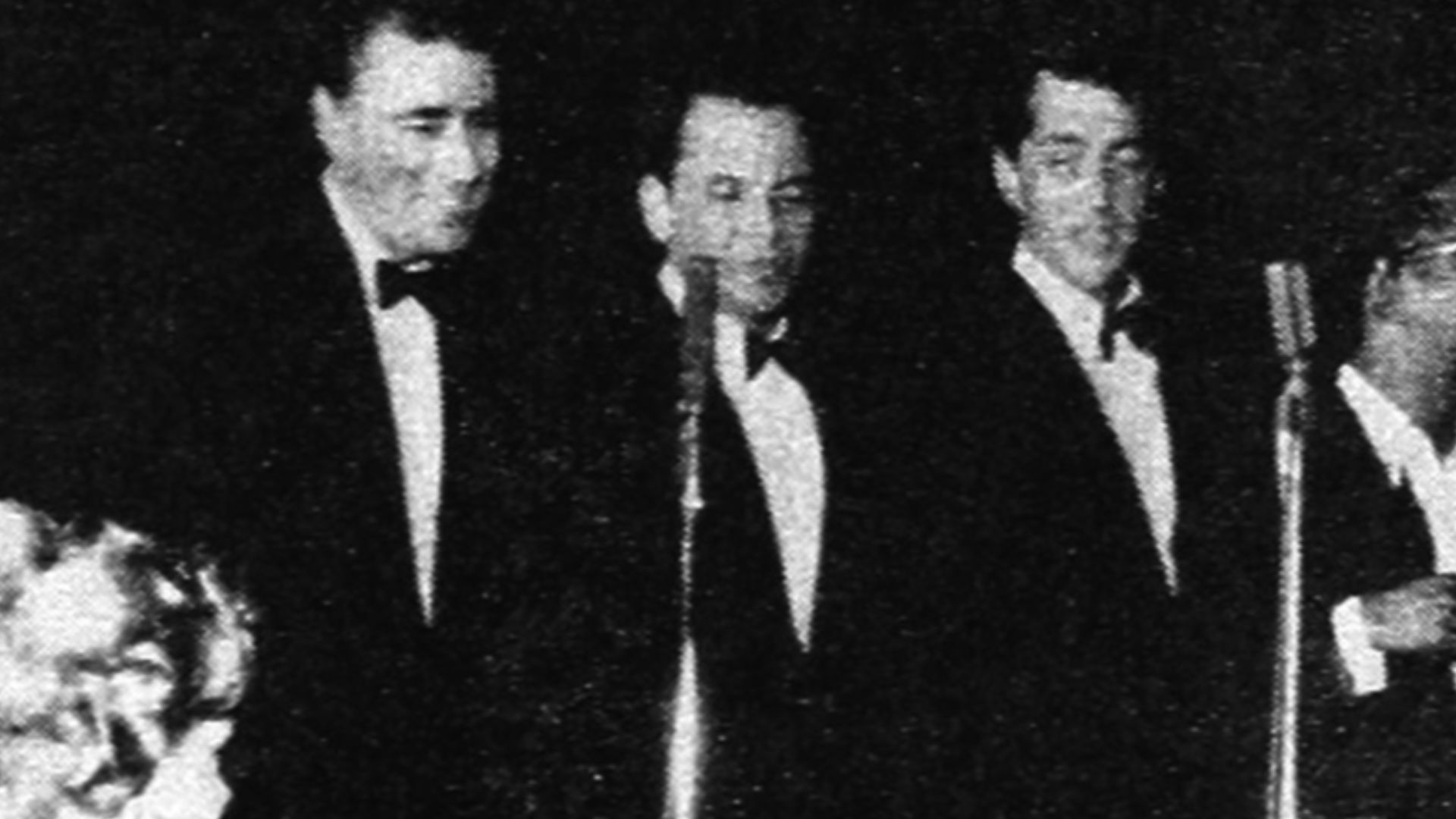 Photo of the Rat Pack onstage with Jack Entratter at the Sands Hotel in Las Vegas.  This was one of the shows given at the hotel during the filming of ‘’Ocean’s 11’’. From left: Peter Lawford, Frank Sinatra, Dean Martin, Sammy Davis, Jr., Jack Entratter and Joey Bishop.