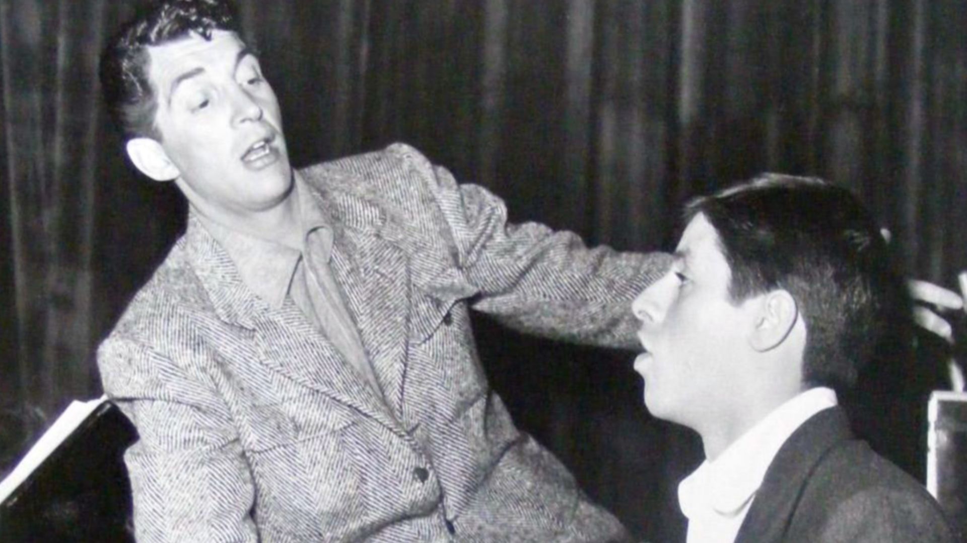Photo of Dean Martin and Jerry Lewis circa 1950-1955 from the television program The Colgate Comedy Hour. This appears to be a rehearsal photo.
