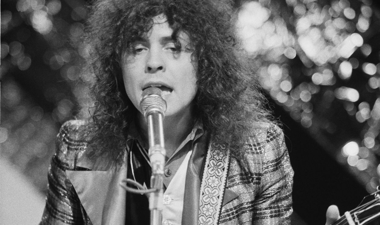 Bolan On TOTP English singer and songwriter Marc Bolan (1947 - 1977) performing with T-Rex on the BBC TV music programme 'Top Of The Pops', London, 20th December 1971.