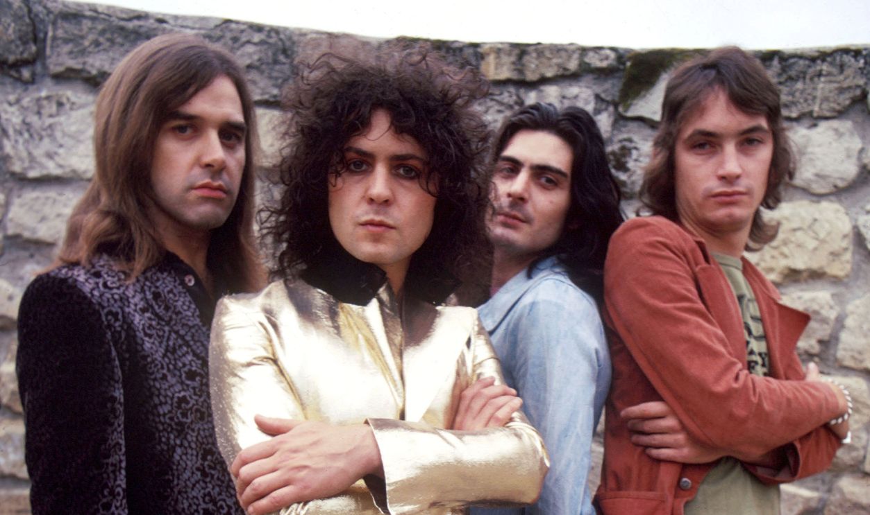 T-Rex Group Portrait (left to right) Drummer Bill Legend, singer and guitarist Marc Bolan (1947 - 1977), percussionist Mickey Finn (1947 - 2003) and bassist Steve Currie of T-Rex poses in 1972.
