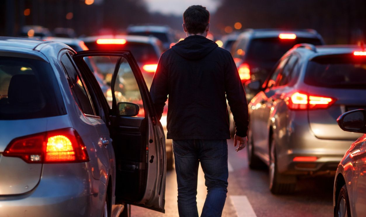 Man walking through traffic at twilight