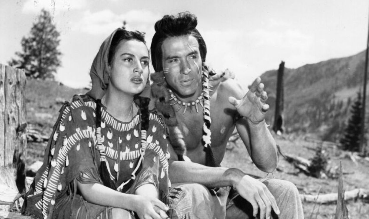 1951: Ricardo Montalban and Maria Elena Marques play native American Indians in the film 'Across The Wide Missouri'. Title: Across The Wide Missouri Studio: MGM Director: William Wellman