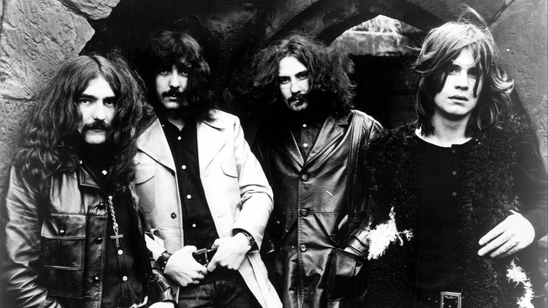 Trade ad for Black Sabbath's album Black Sabbath (1970). From left to right: Geezer Butler, Tony Iommi, Bill Ward, Ozzy Osbourne.