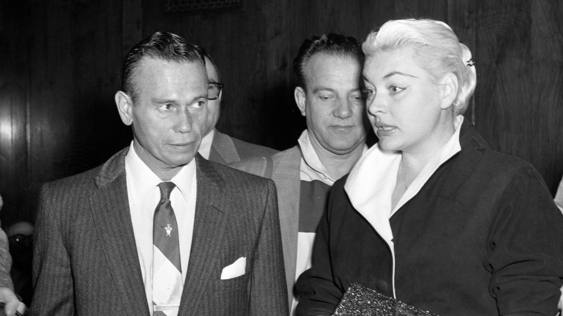 Barbara Payton and attorney Milton Golden (left) at her arraignment for check fraud, Los Angeles