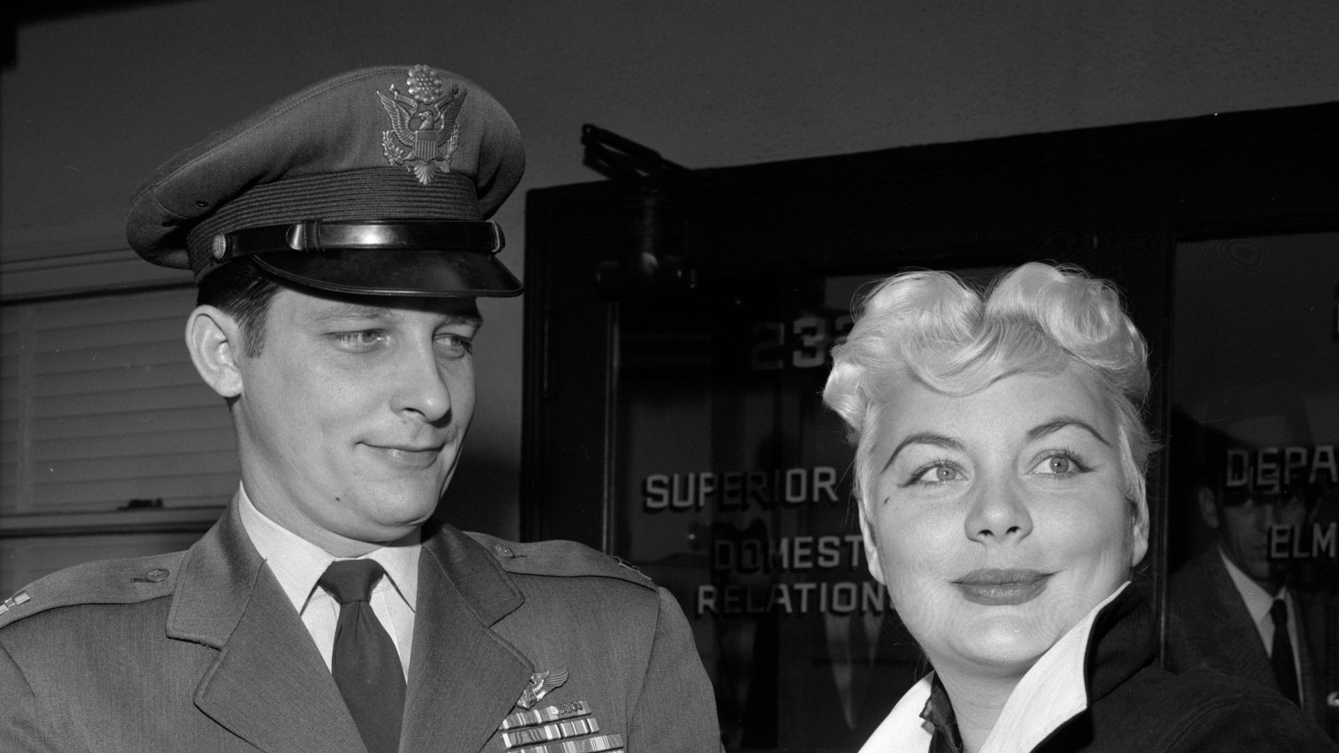 Barbara Payton and former husband Capt. John Payton after custody agreement regarding son, Los Angeles