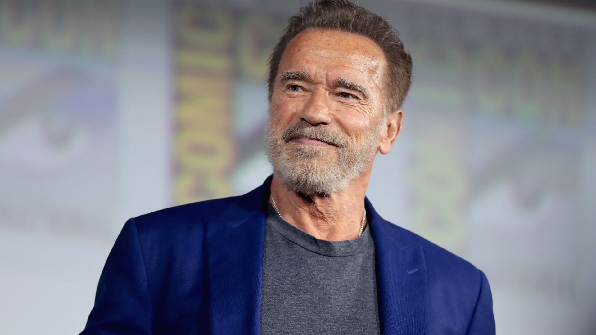 Arnold Schwarzenegger speaking at the 2019 San Diego Comic Con International, for