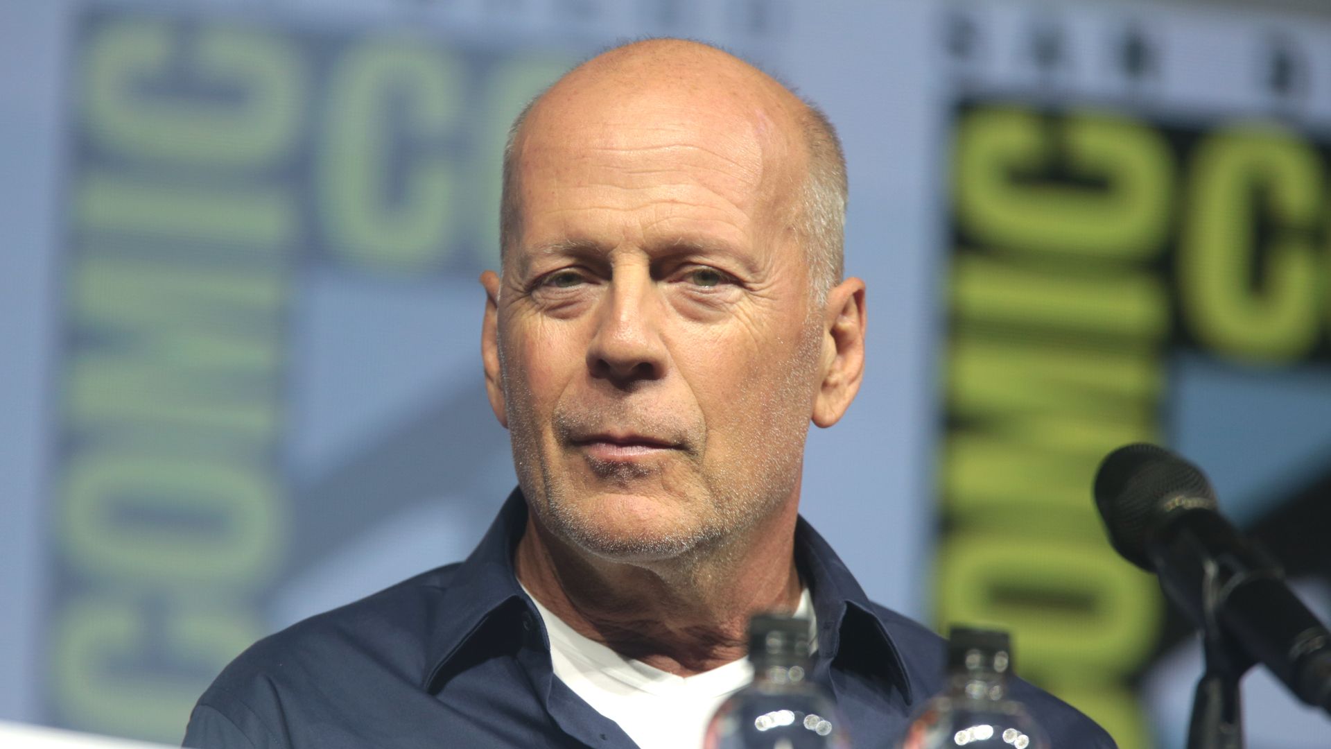 Bruce Willis speaking at the 2018 San Diego Comic Con International, for