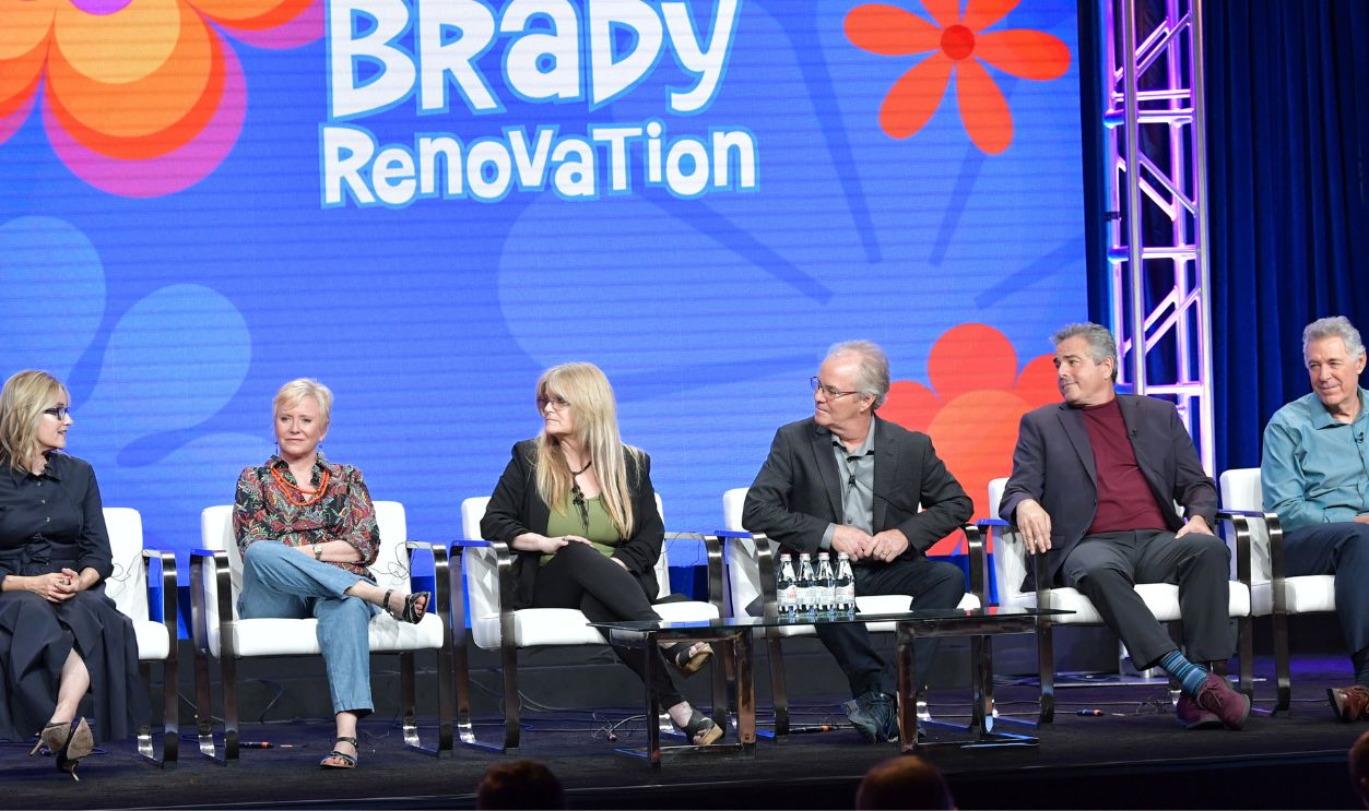 Maureen McCormick, Eve Plumb, Susan Olsen, Mike Lookinland, Christopher Knight and Barry Williams of A Very Brady Renovation speak during the Discovery segment of the Summer 2019 Television Critics Association Press Tour 2019 at The Beverly Hilton Hotel on July 25, 2019 in Beverly Hills, California.