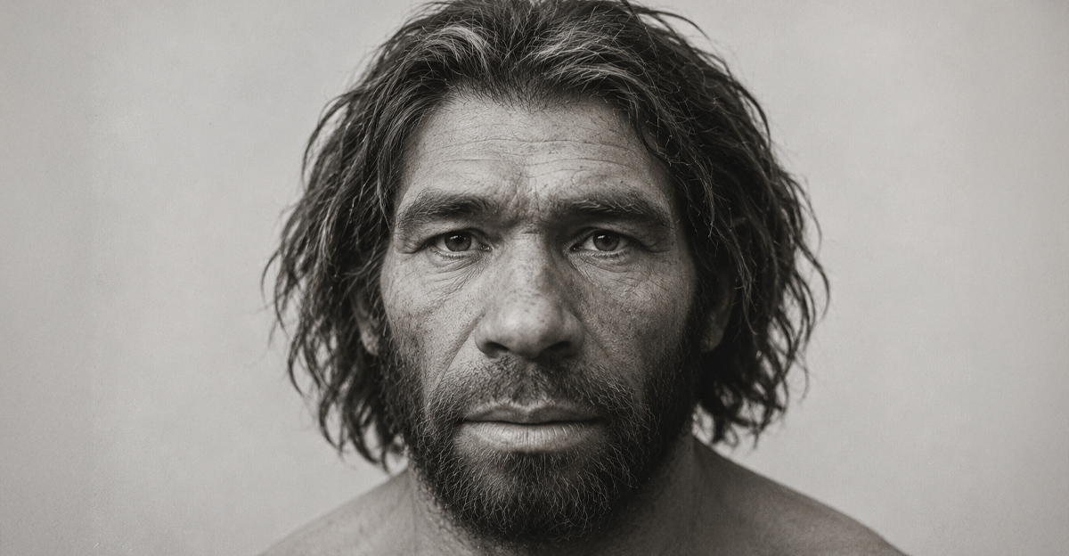 Neanderthal man looking at camera, close up on face, in black and white