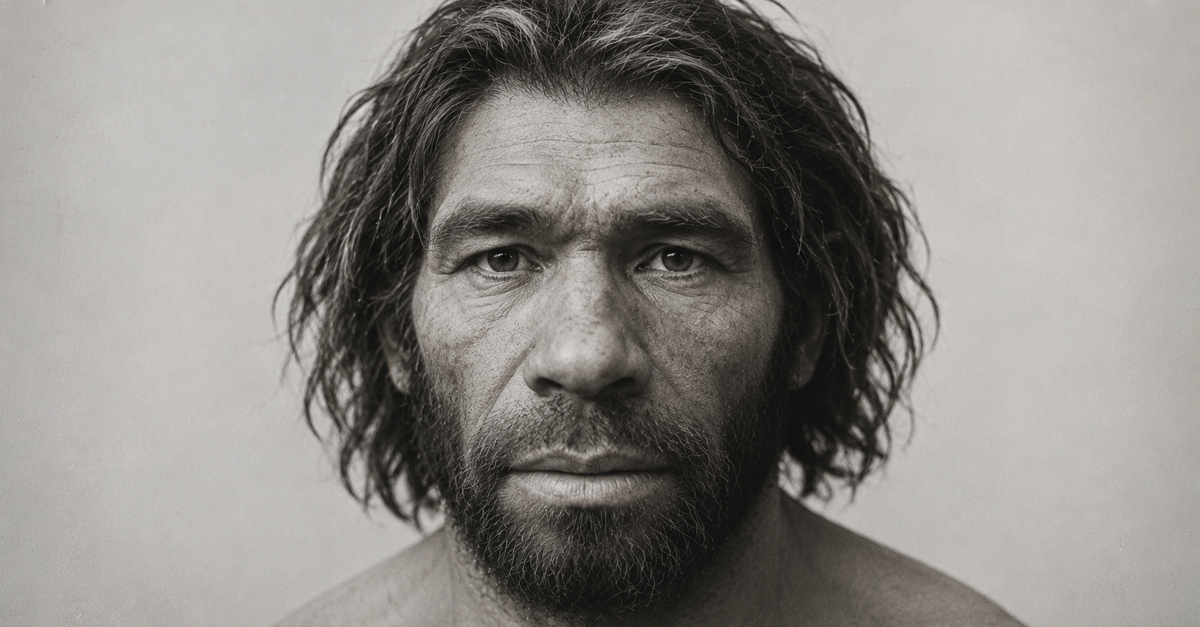 Neanderthal man looking at camera, close up on face, in black and white