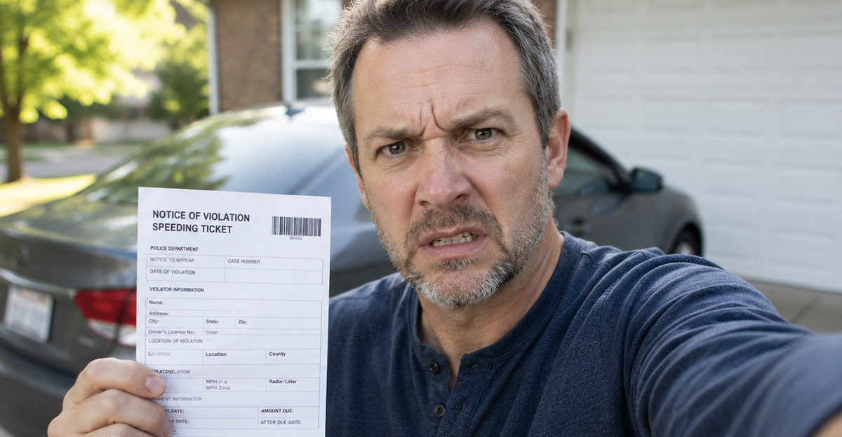 Angry man taking a selfie with a speeding ticket.