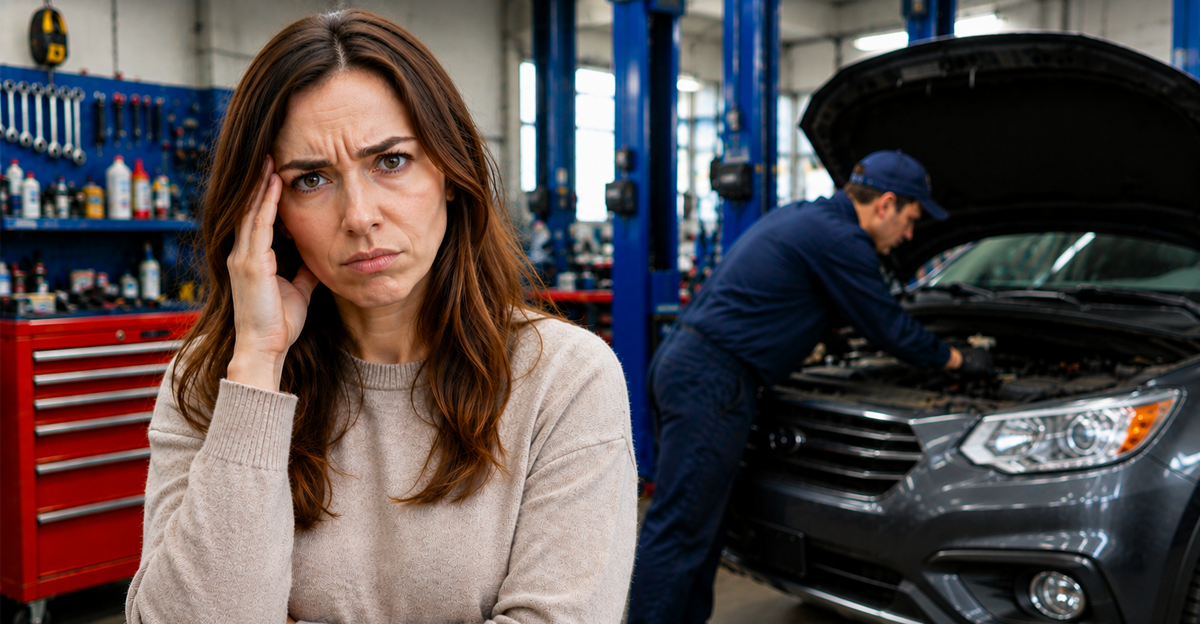 White woman standing in car repair shop