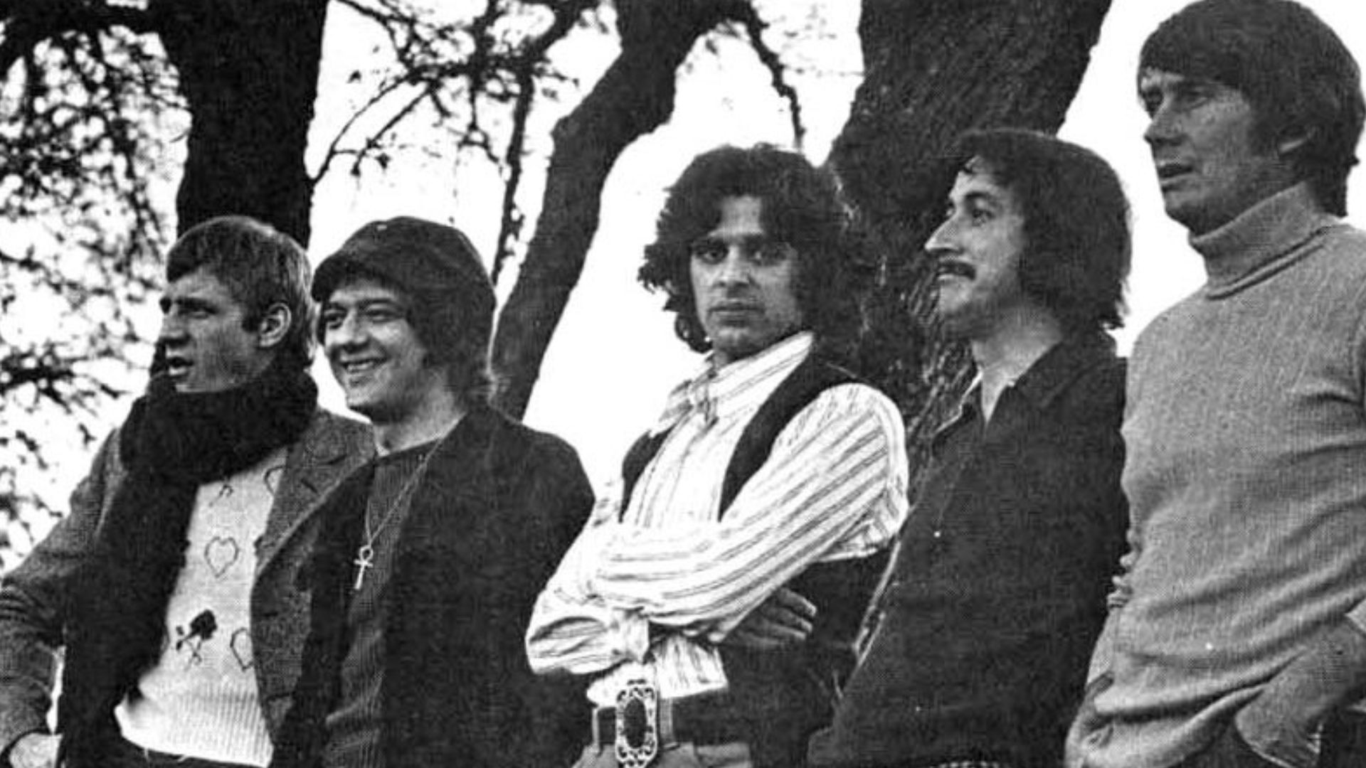 Promotional photograph of The Beau Brummels, taken in early 1974. From left: John Petersen, Ron Elliott, Sal Valentino, Ron Meagher, Declan Mulligan (the band's 1974 lineup).