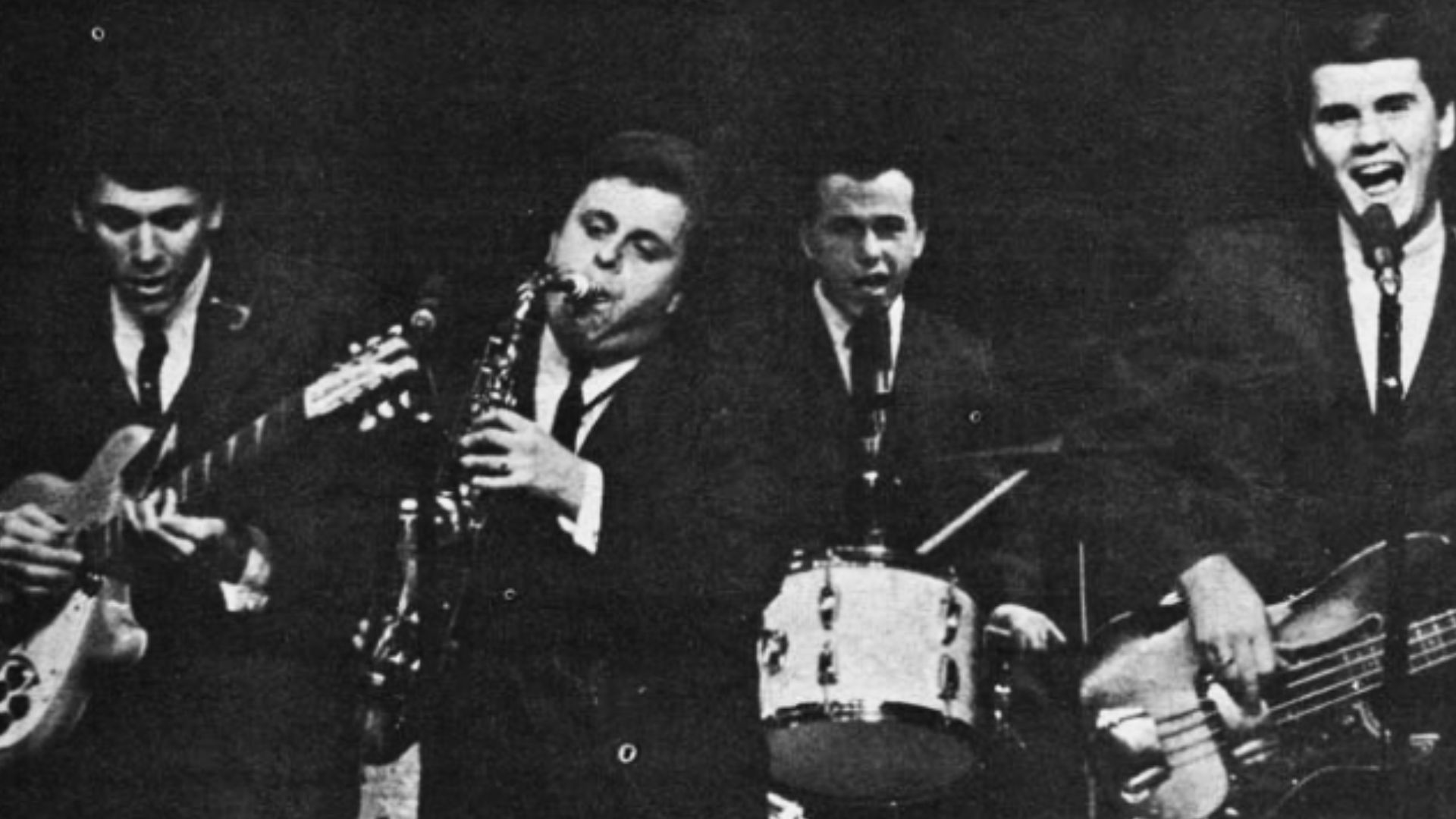 American band The Knickerbockers performing live on stage in 1965.