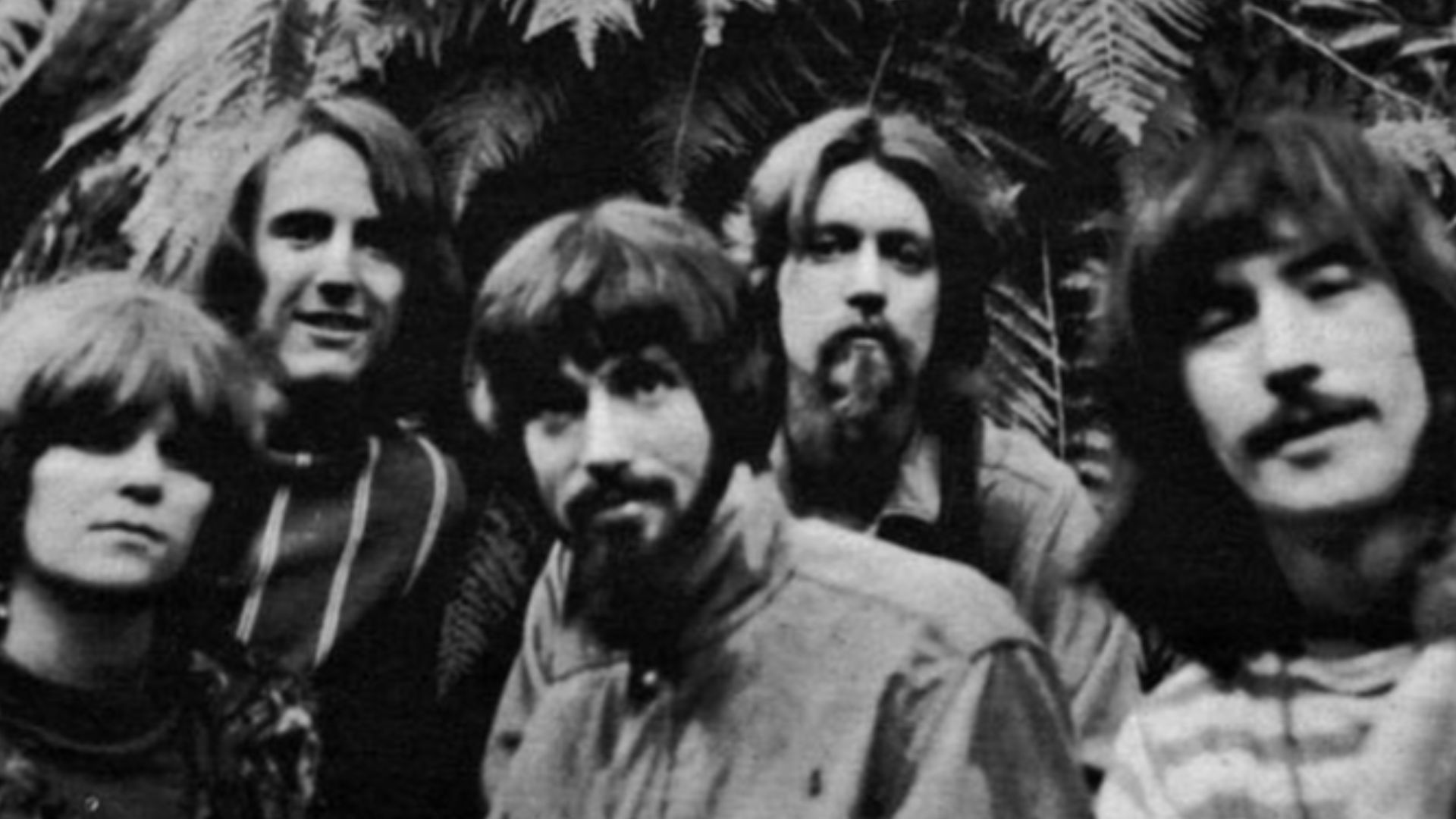 Photo of the rock group The Peanut Butter Conspiracy.  From left-Sandi Robison, John Merrill, Jim Voigt, Lance Fent and Al Brackett.