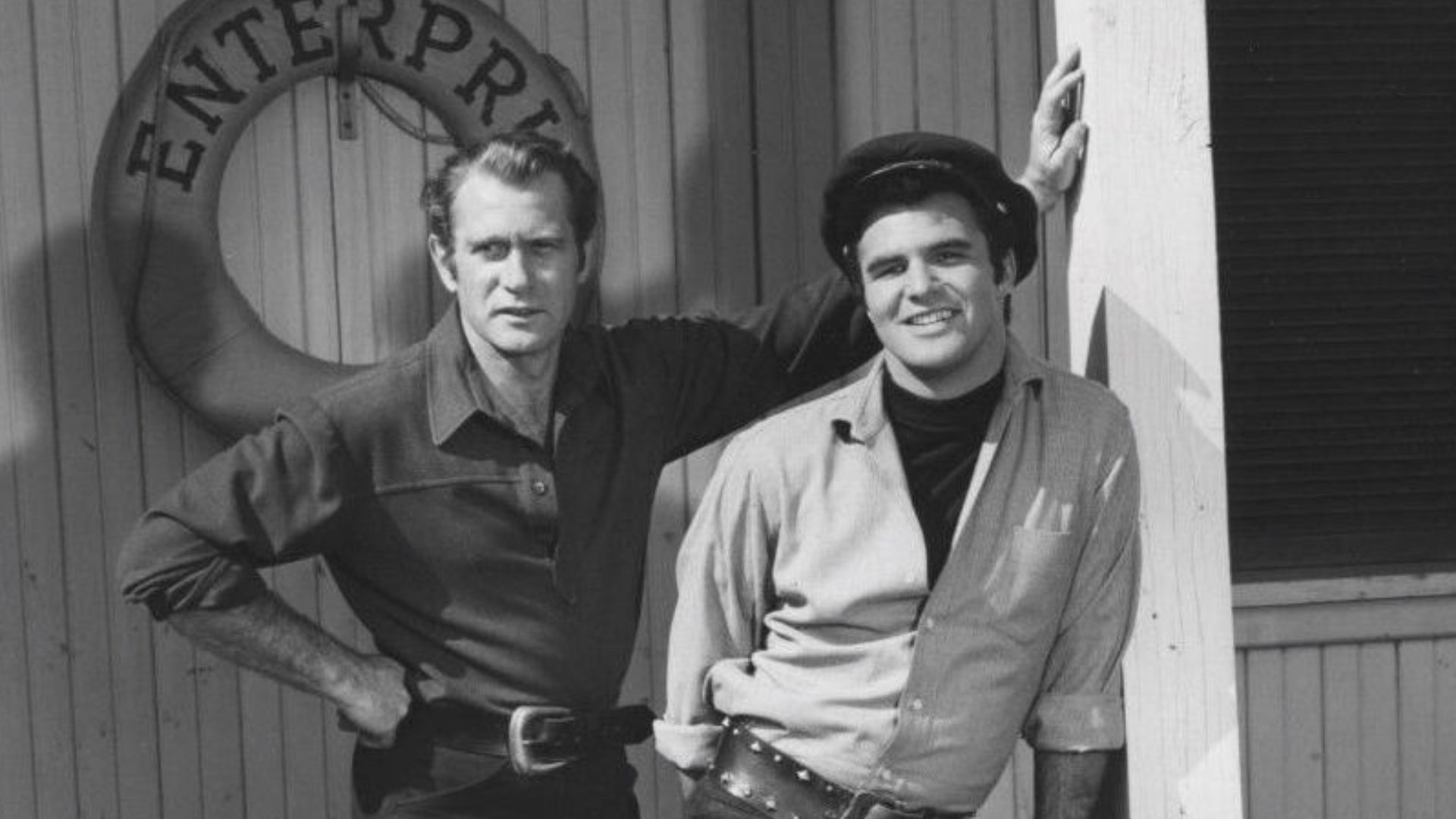 Darren McGavin and Burt Reynolds set photo from Riverboat, 1960