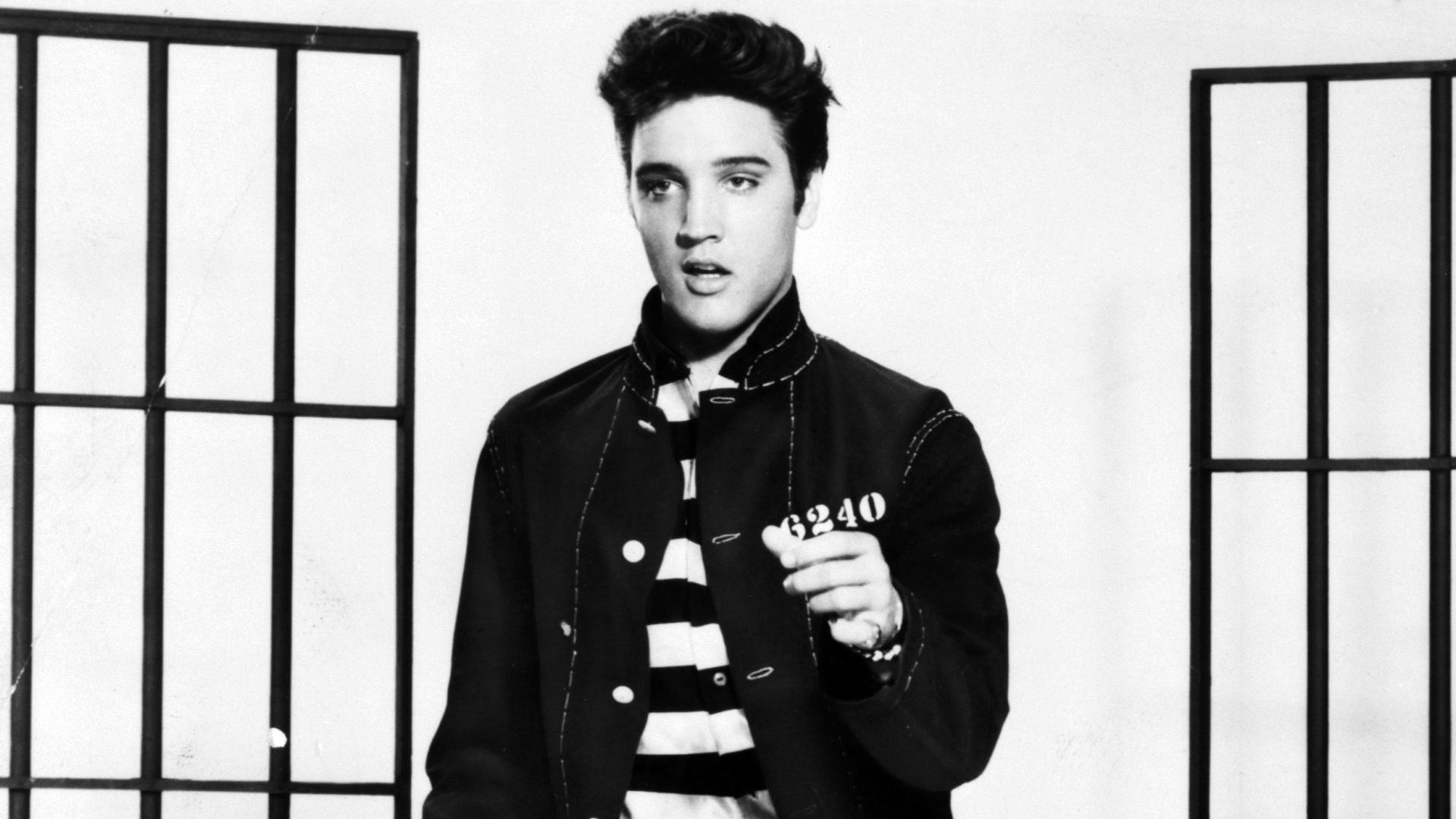 A photograph promoting the film Jailhouse Rock depicts singer Elvis Presley.