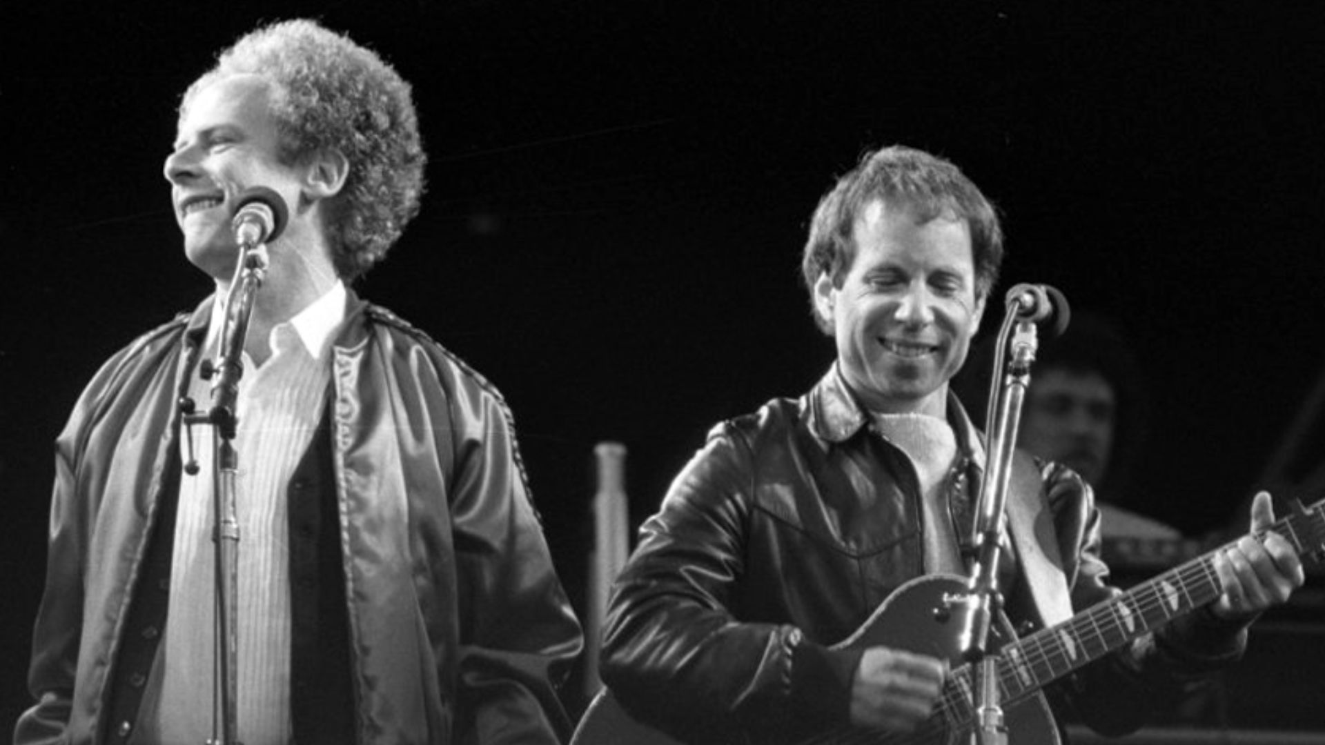 Simon and Garfunkel performing at the Feijenoord Stadion, Rotterdam, the Netherlands in 1982