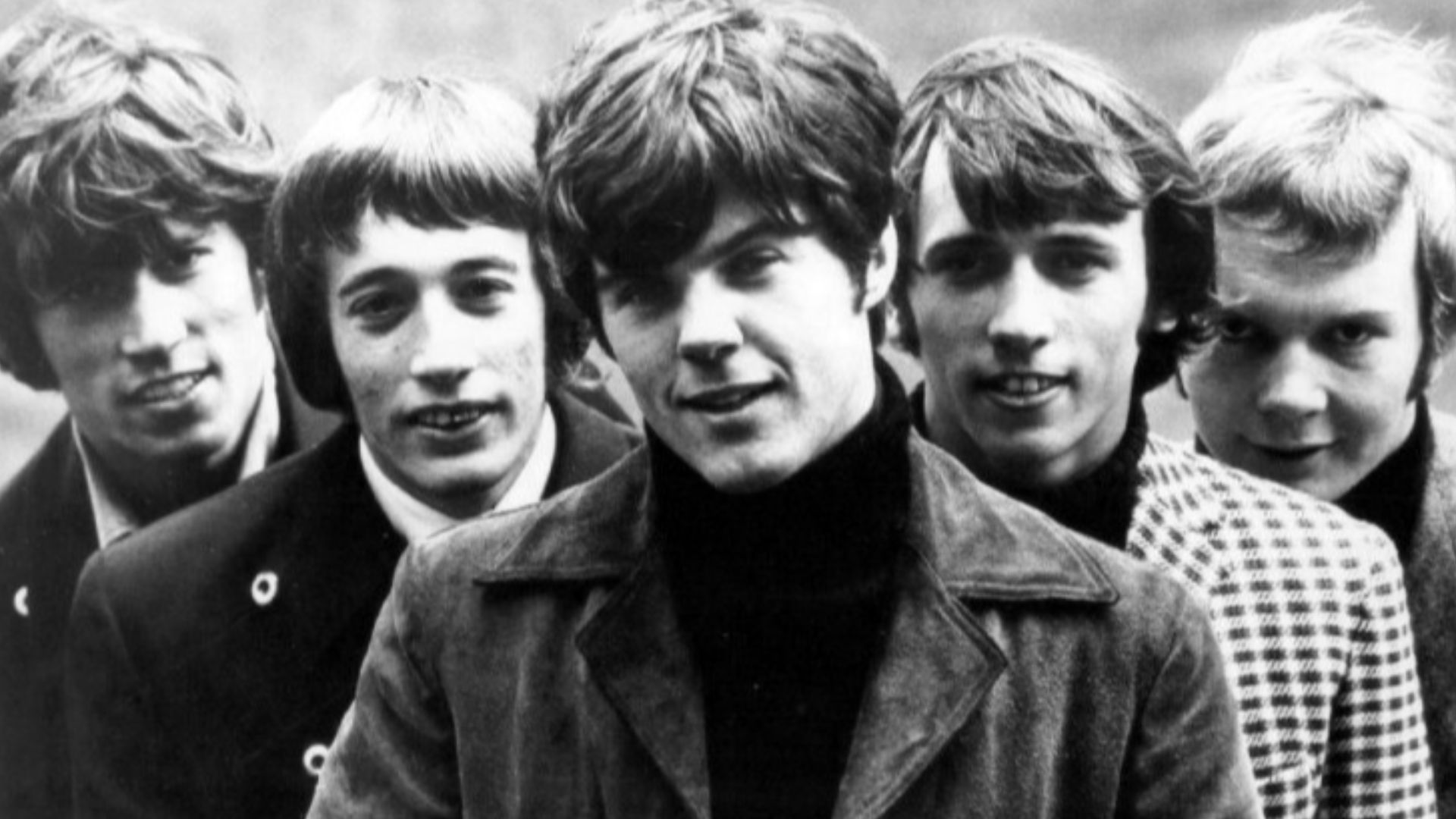 Publicity photo of the Bee Gees. (From left to right: Barry Gibb, Robin Gibb, Vince Melouney, Maurice Gibb, Colin Petersen.)