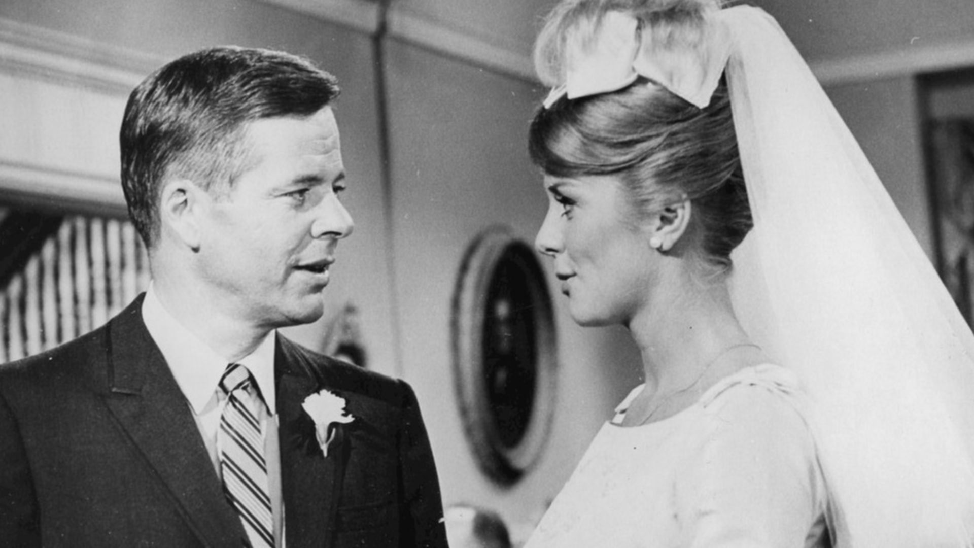 Photo of Inger Stevens and William Windom from The Farmer's Daughter.  The marriage of Katie and Glen.