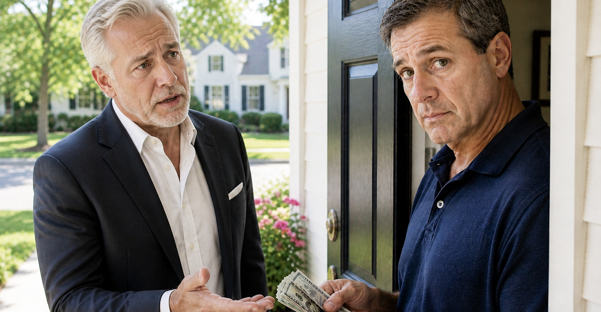 An older man asking to borrow money. The younger man holding cash and looking at the viewer.
