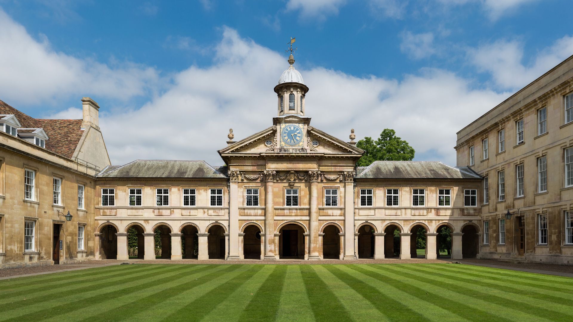 The front court of Emmanuel College in Cambridge, England.