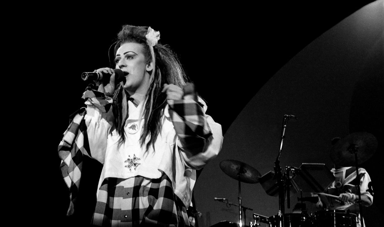 Singer Boy George (George Alan O'Dowd) of Culture Club performs at the Mecca Arena in Milwaukee, Wisconsin in 1984. 