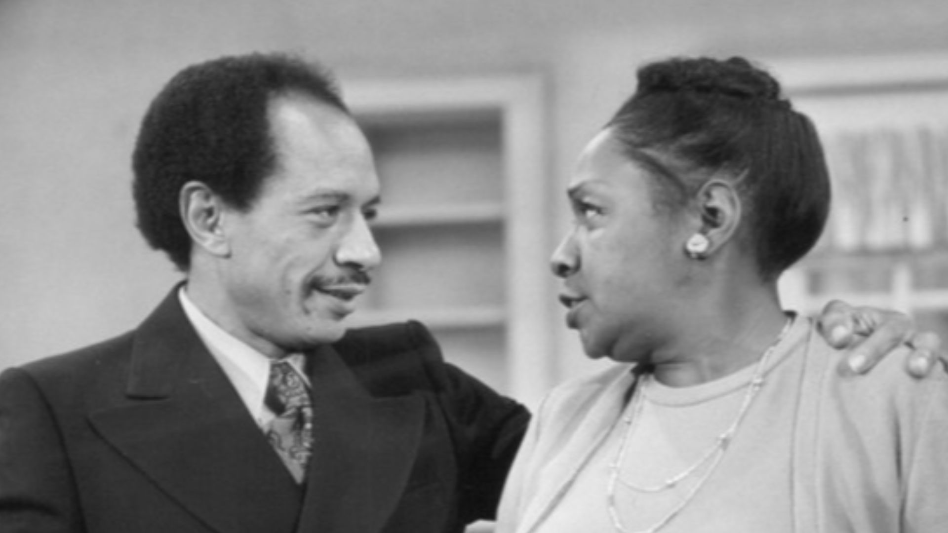 Publicity photo from  All in the Family. Pictured are Sherman Helmsley (George Jefferson) and Isabel Sanford (Louise Jefferson) as they pack to move from Queens to Manhattan. This began the television series The Jeffersons.