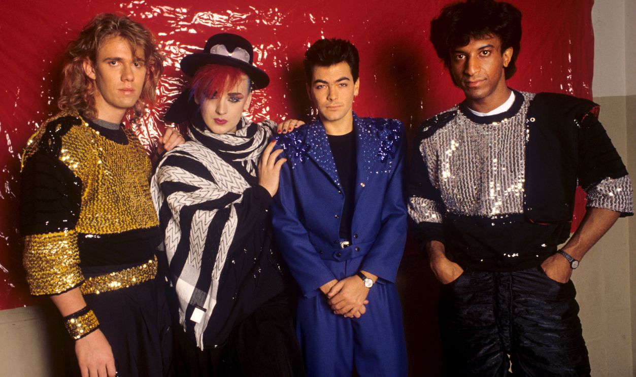 Culture Club (l-r): Roy Hay, Boy George, Jon Moss, Mikey Craig on 29.11.1984 in Augsburg. 