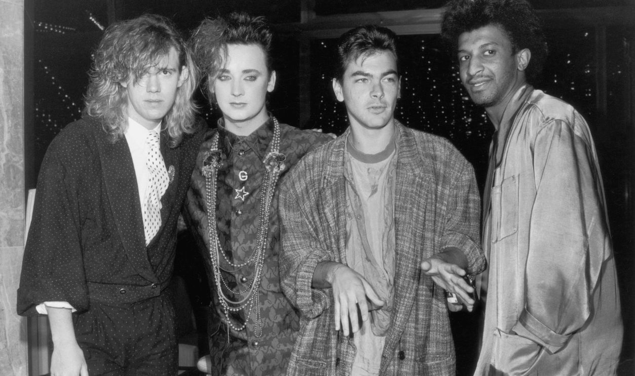 British new romantic pop group Culture Club at the Montreux pop festival in Switzerland, May 1985. Left to right: Roy Hay, lead singer Boy George, Jon Moss, Mikey Craig. 