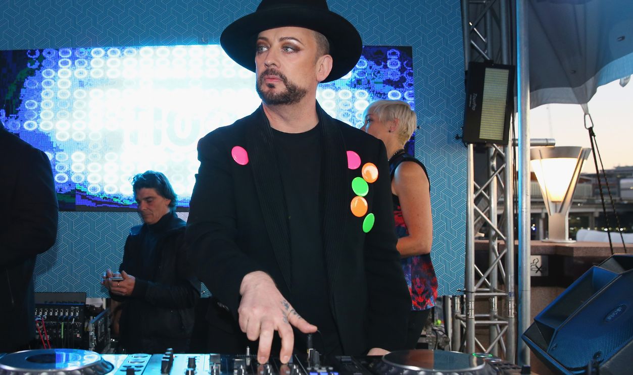 Boy George performs a DJ Set for Vivid Sydney at Cafe del Mar, Darling Harbour on June 12, 2016 in Sydney, Australia. 