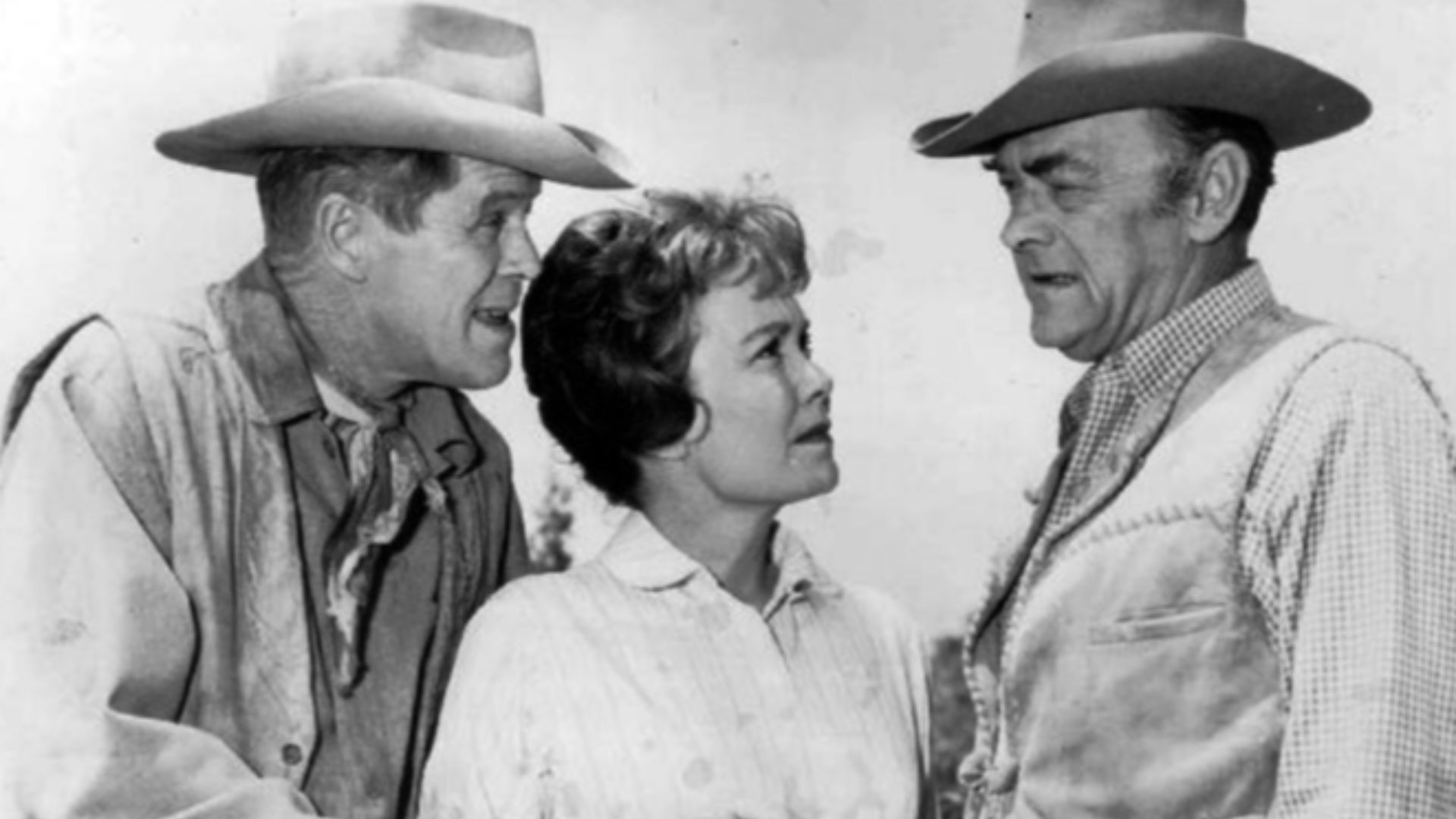 Photo of Dan Duryea, Jane Wyman ad John McIntire from the television program Wagon Train.