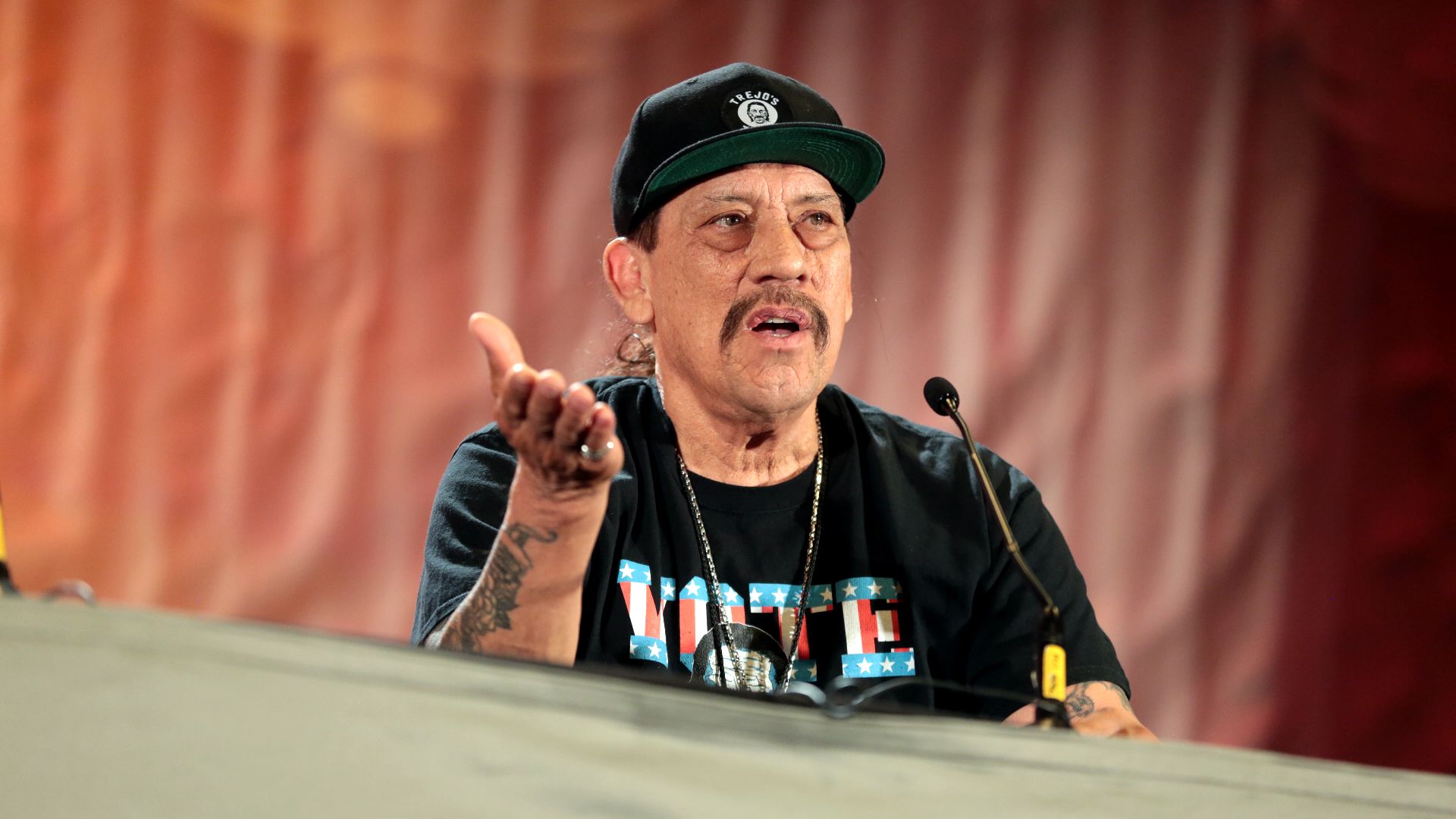 Danny Trejo speaking at the 2017 Phoenix Comicon at the Phoenix Convention Center in Phoenix, Arizona.

Please attribute to Gage Skidmore if used elsewhere.