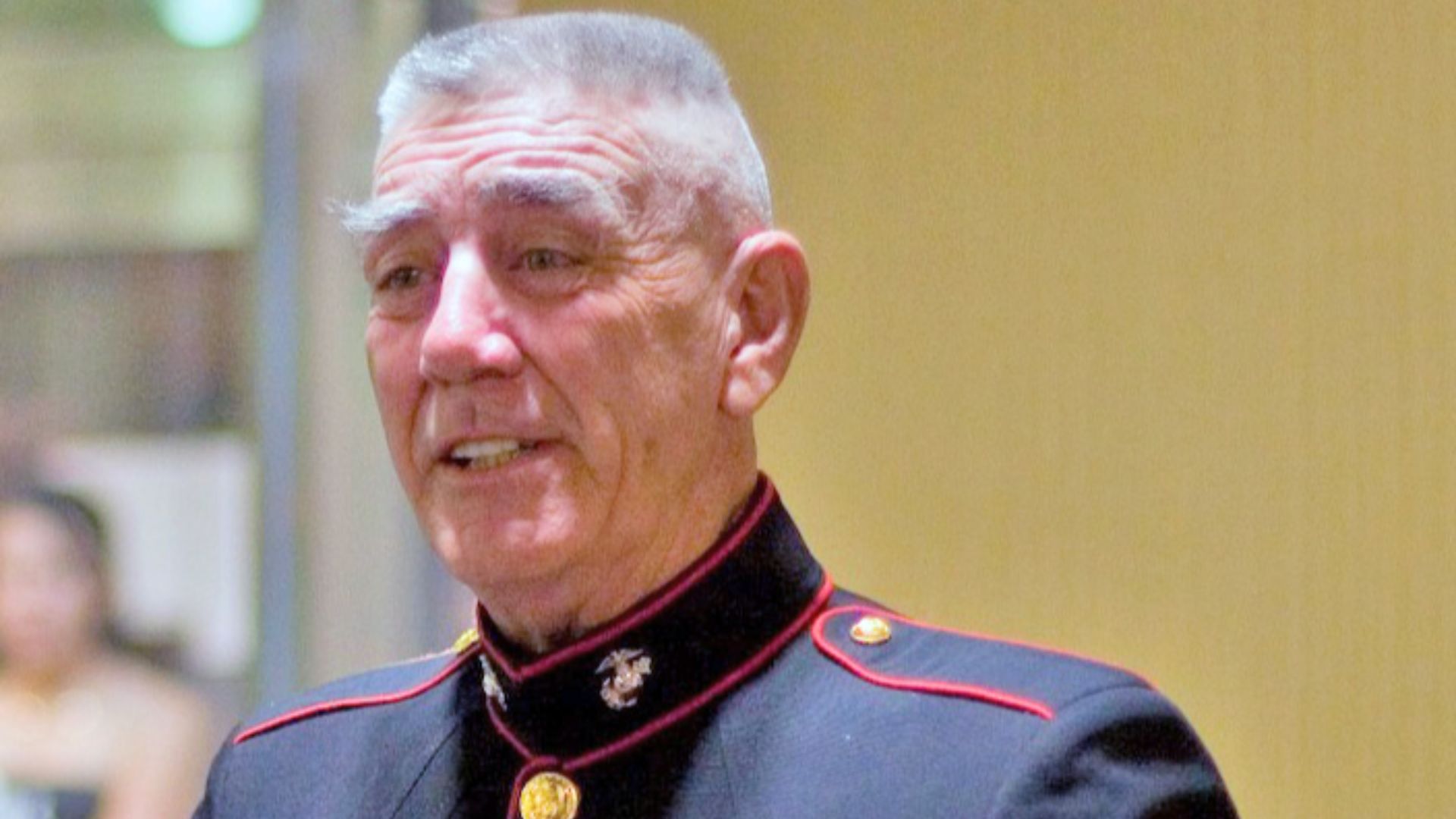 Retired Marine and actor R. Lee Ermey talks to the 7th Communication Battalion Sergeant Major and his wife during their Marine Corps Birthday Ball at the Palms on Camp Hansen, Okinawa.