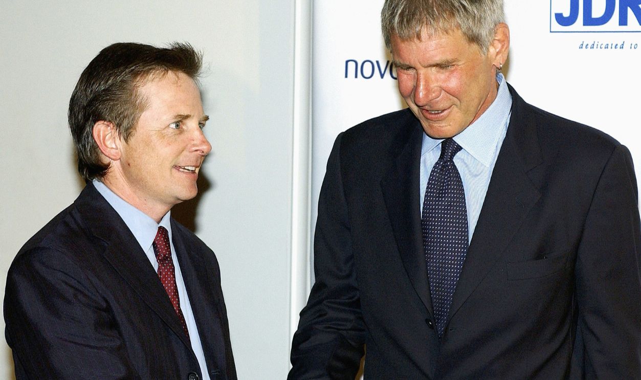 Finding A Cure...A Love Story Tribute To Nancy Reagan BEVERLY HILLS, CA - MAY 8: Actors Michael J. Fox and Harrison Ford attend "A Love Story...Finding A Cure" gala tribute to former First Lady Nancy Reagan on May 8, 2004 in Beverly Hills, California. The event raised funds for stem cell research and benefitted the Juvenile Diabetes Research Foundation.