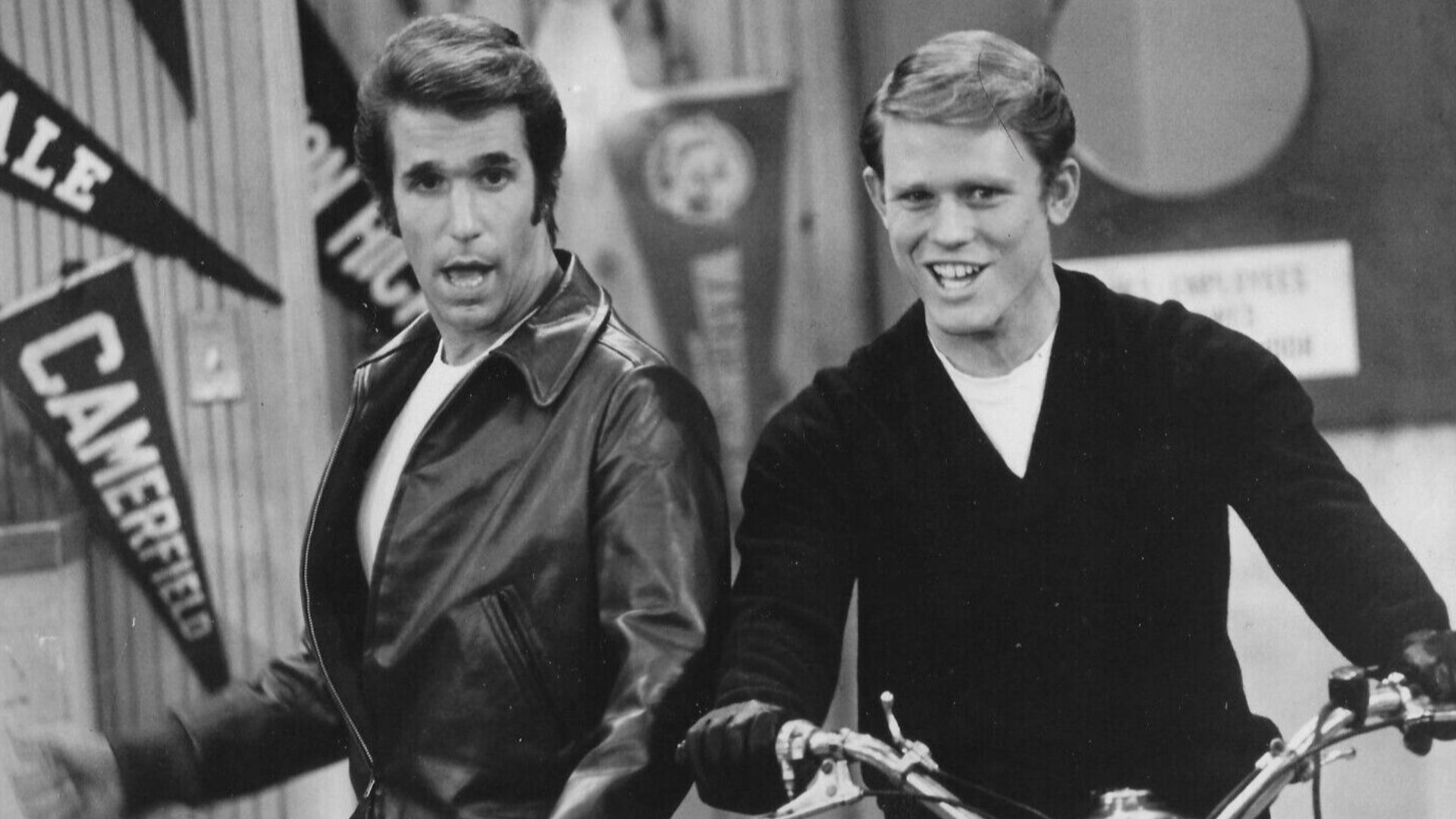 Publicity photo of Fonzie (Henry Winkler) and Richie (Ron Howard) from Happy Days.
