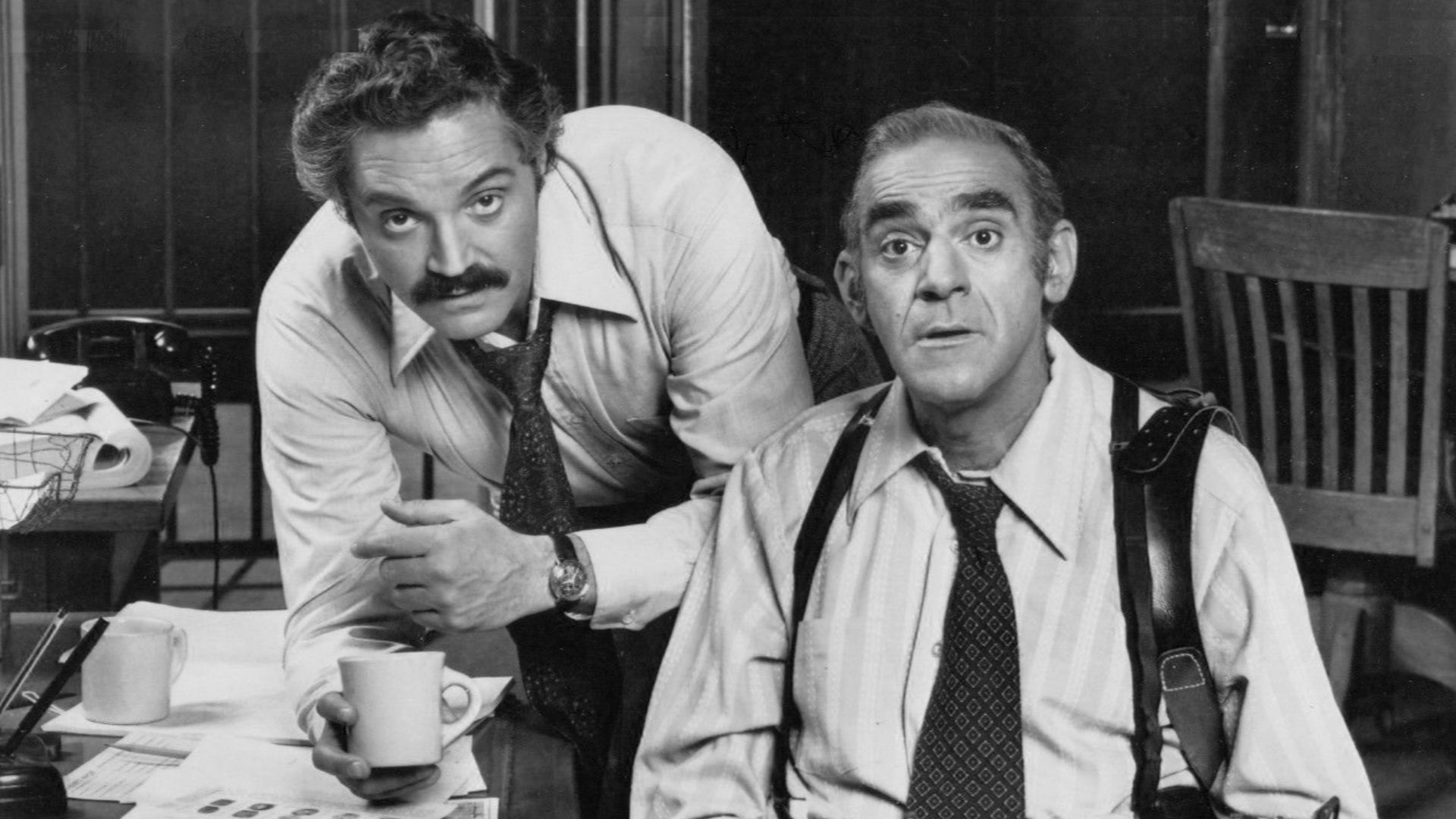 Photo of Hal Linden (Barney Miller) and Abe Vigoda (Detective Fish) from the television progrsm Barney Miller.