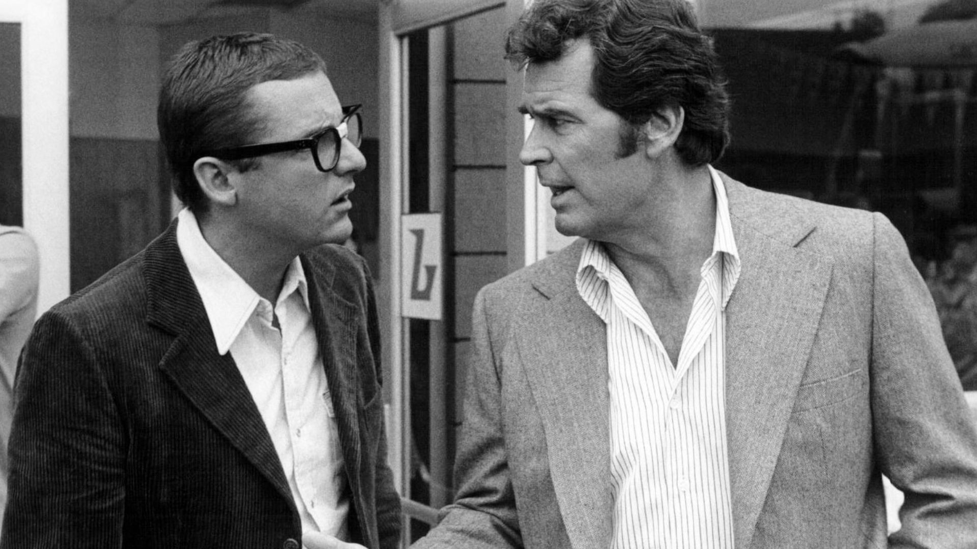 Photo of James Garner as Jim Rockford and James Whitmore, Jr. as Freddie Beamer from the television program The Rockford Files.  Whitmore's character appeared on the program periodically as an auto mechanic who dabbled in being a private eye.