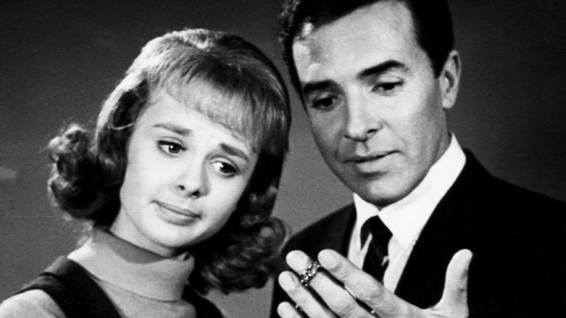 Photo of Debbie Watson (Karen) and Miguel Landa (her teacher) from the television program Karen.  In this episode, Karen thinks one of her teachers is the mystery person who sent her an expensive bracelet.