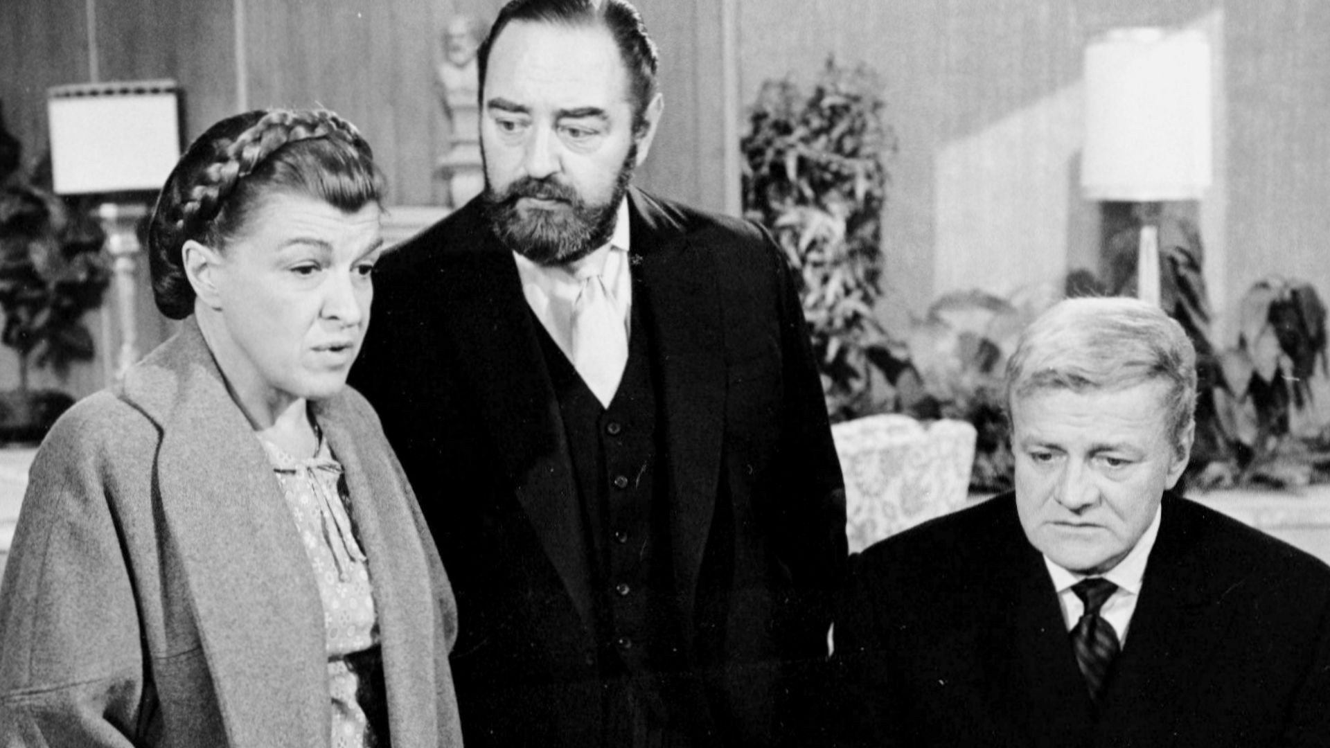 Actors Sebastian Cabot, Brian Keith and actress Nancy Walker in a 1970 promotional photograph for the CBS Television series Family Affair