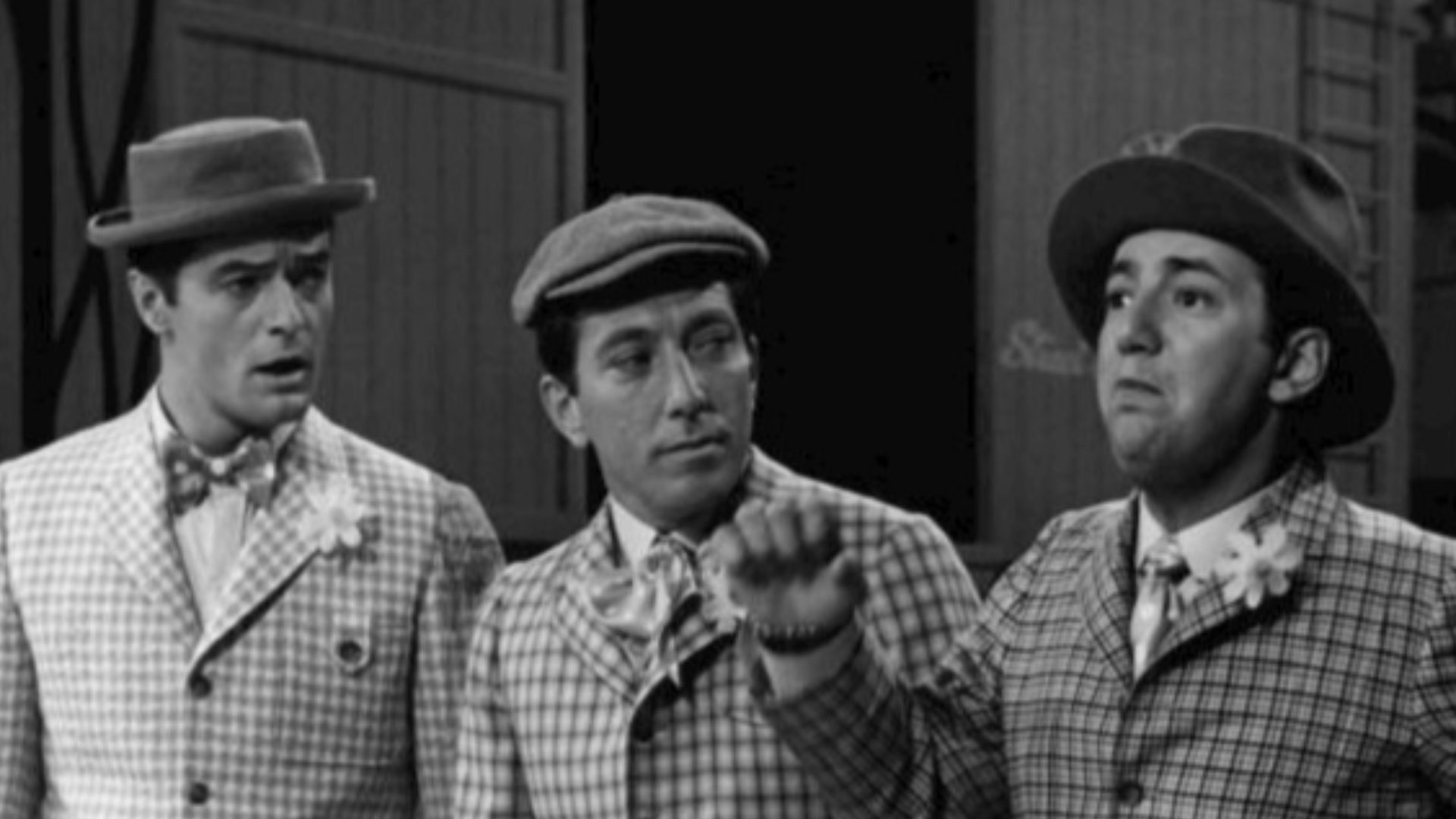Photo of Robert Goulet, Andy Williams and Bobby Darin in a scene from a skit on The Andy Williams Show.