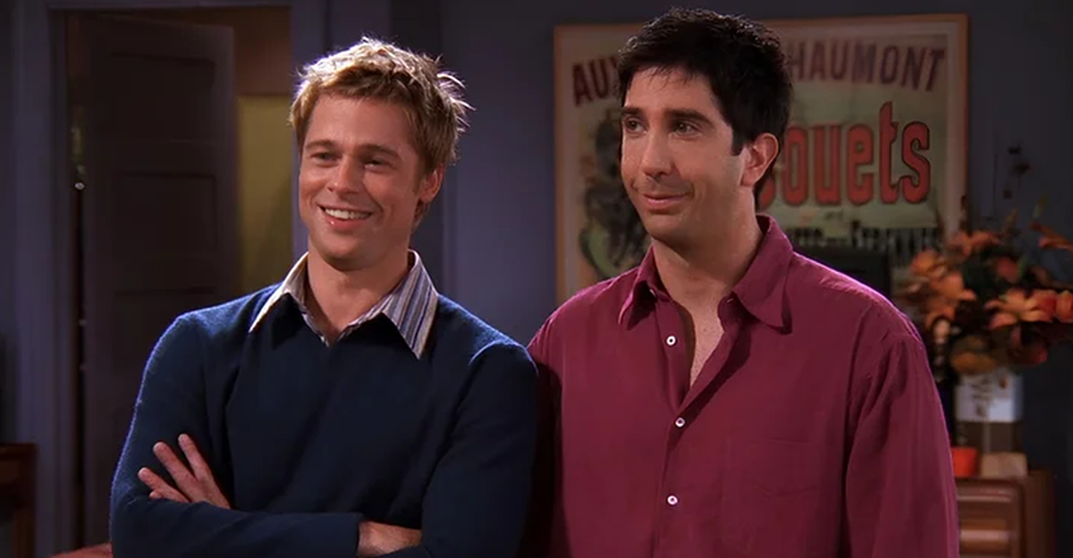 Screenshot from the television sitcom Friends (1994-2004), Brad Pitt in Cameo Appearance and David Schwimmer as Ross Geller