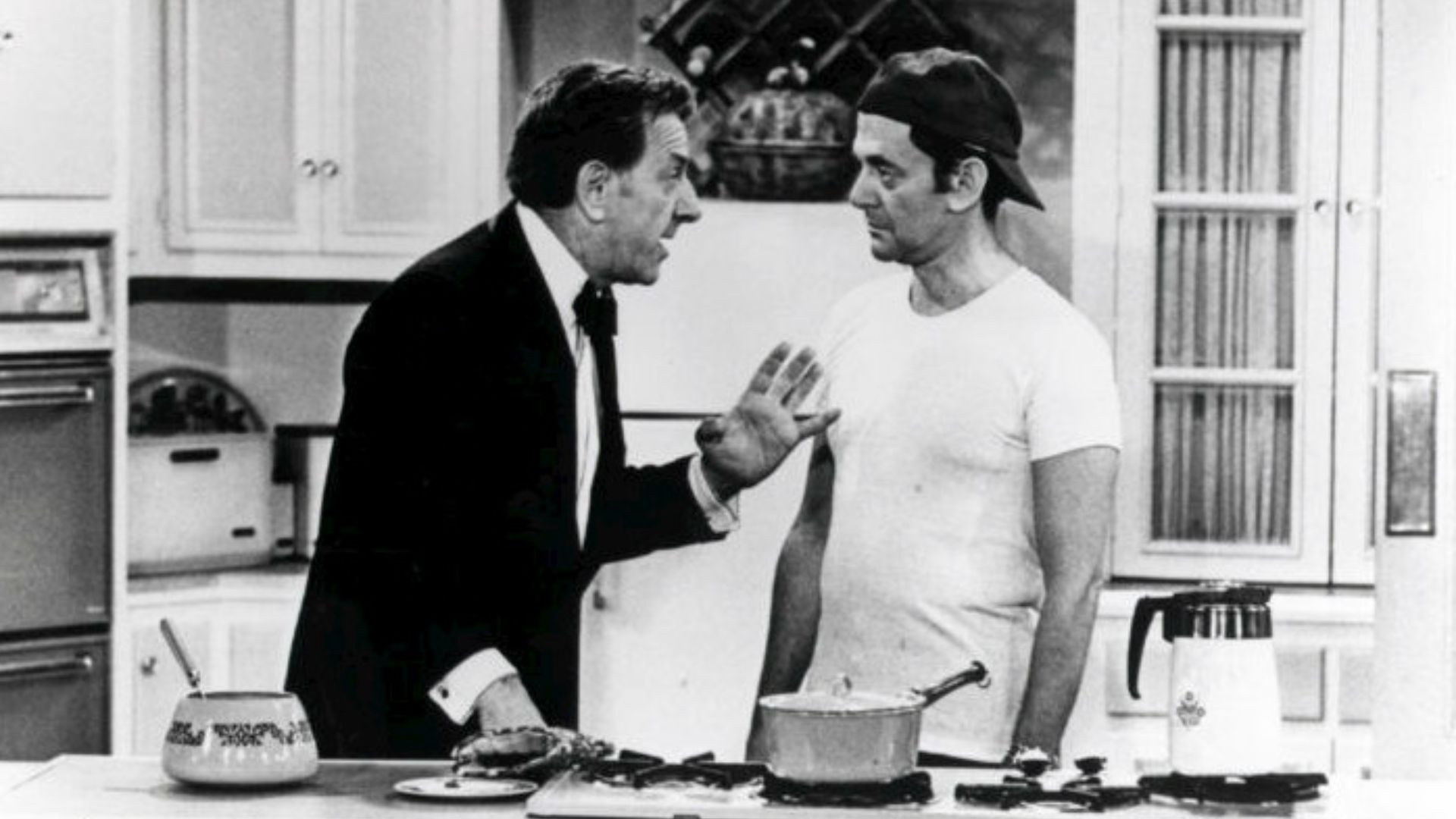 Photo of Jack Klugman as Oscar Madison and Tony Randall as Felix Unger from the television comedy The Odd Couple.  In this episode,