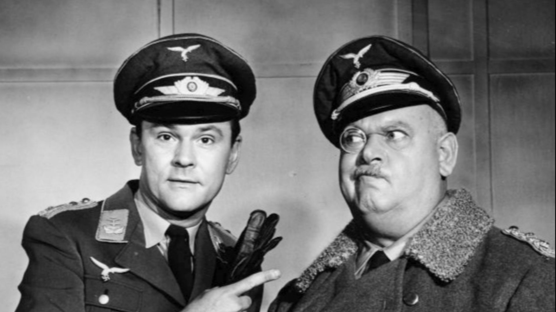 Photo of Bob Crane as Colonel Hogan and John Banner as Sergeant Schultz from the television program Hogan's Heroes.