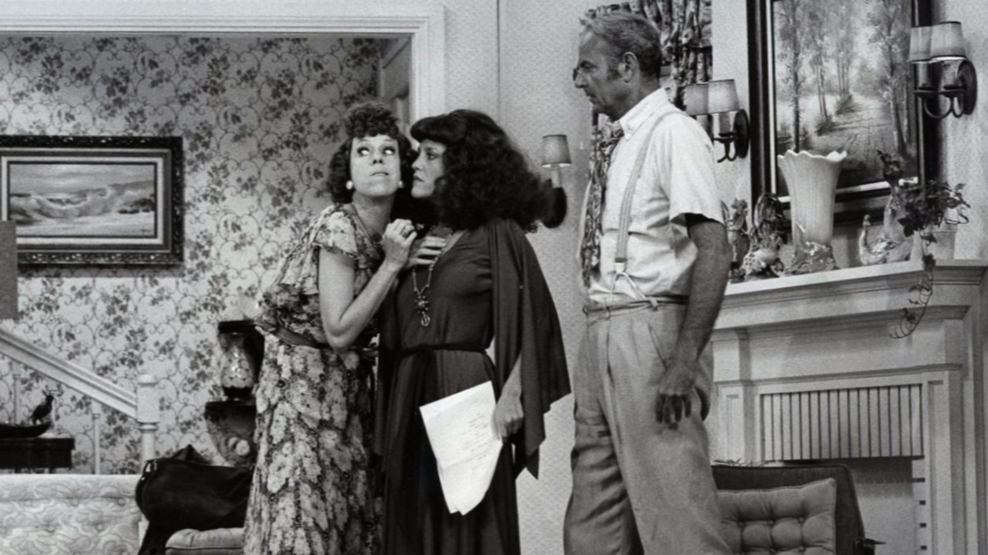 Photo of Carol Burnett as Eunice Higgins, Madeline Kahn as a drama teacher and Harvey Korman as Eunice's husband, Ed Higgins.  Eunice has hired a faded actress (Kahn) to coach he for her role in a local Little Theater production.  These skits from The Car