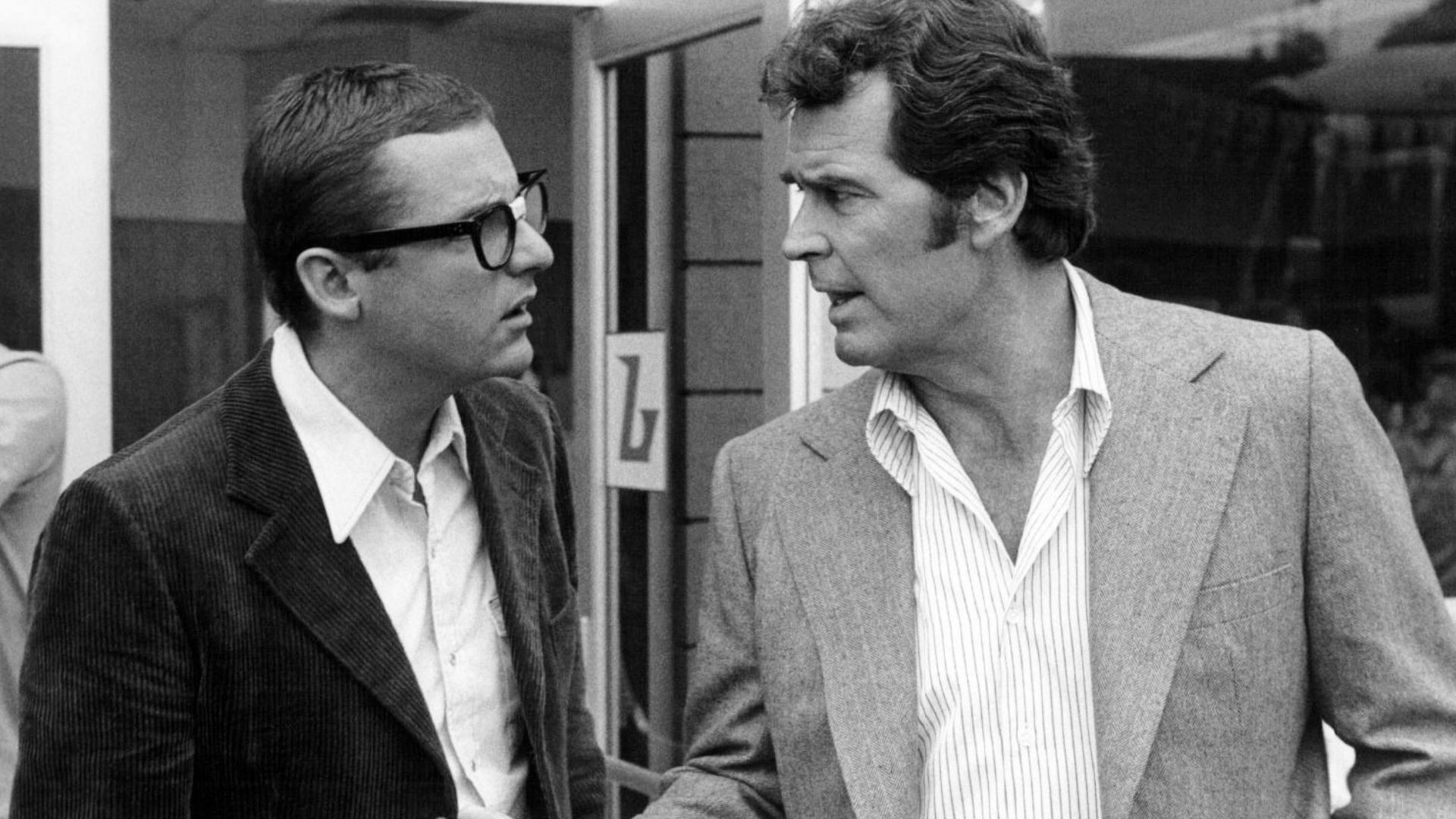 Photo of James Garner as Jim Rockford and James Whitmore, Jr. as Freddie Beamer from the television program The Rockford Files.  Whitmore's character appeared on the program periodically as an auto mechanic who dabbled in being a private eye.