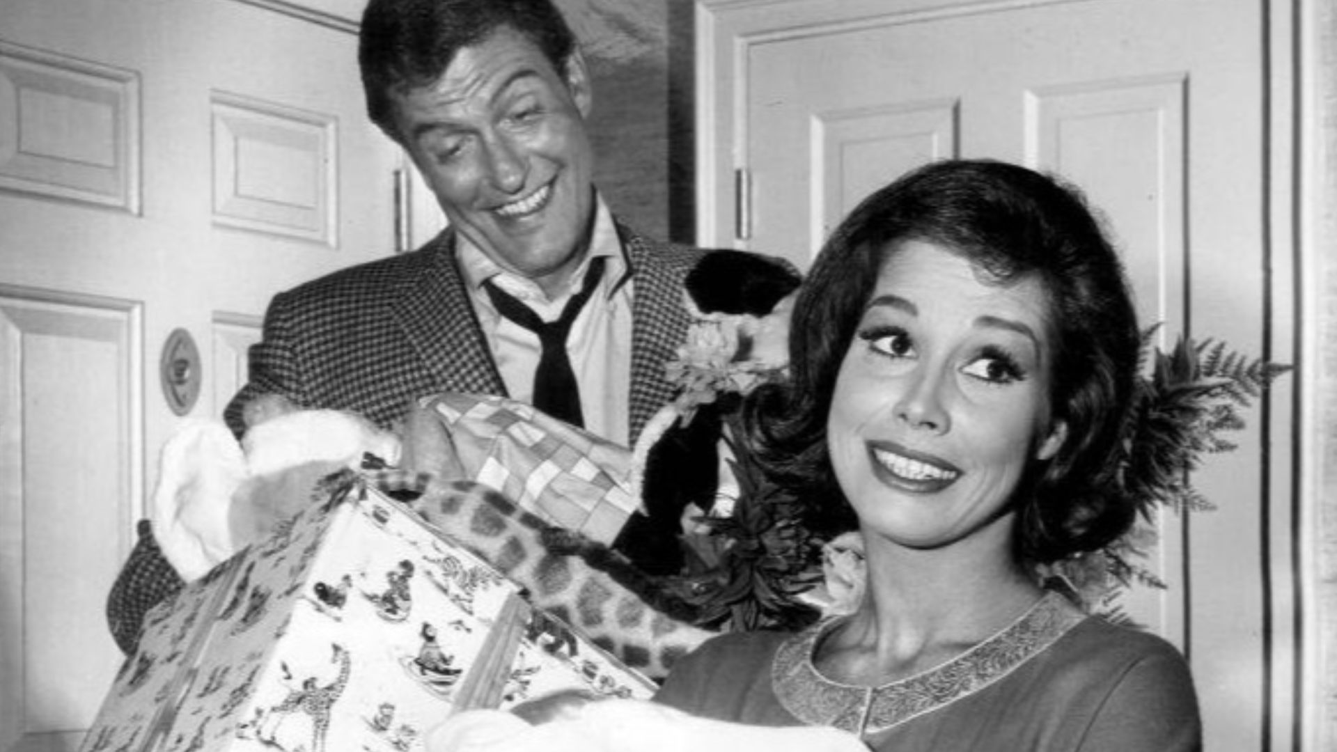 Photo of Dick VanDyke as Rob Petrie and Mary Tyler Moore as Laura Petrie from the television program The Dick VanDyke Show.  In this