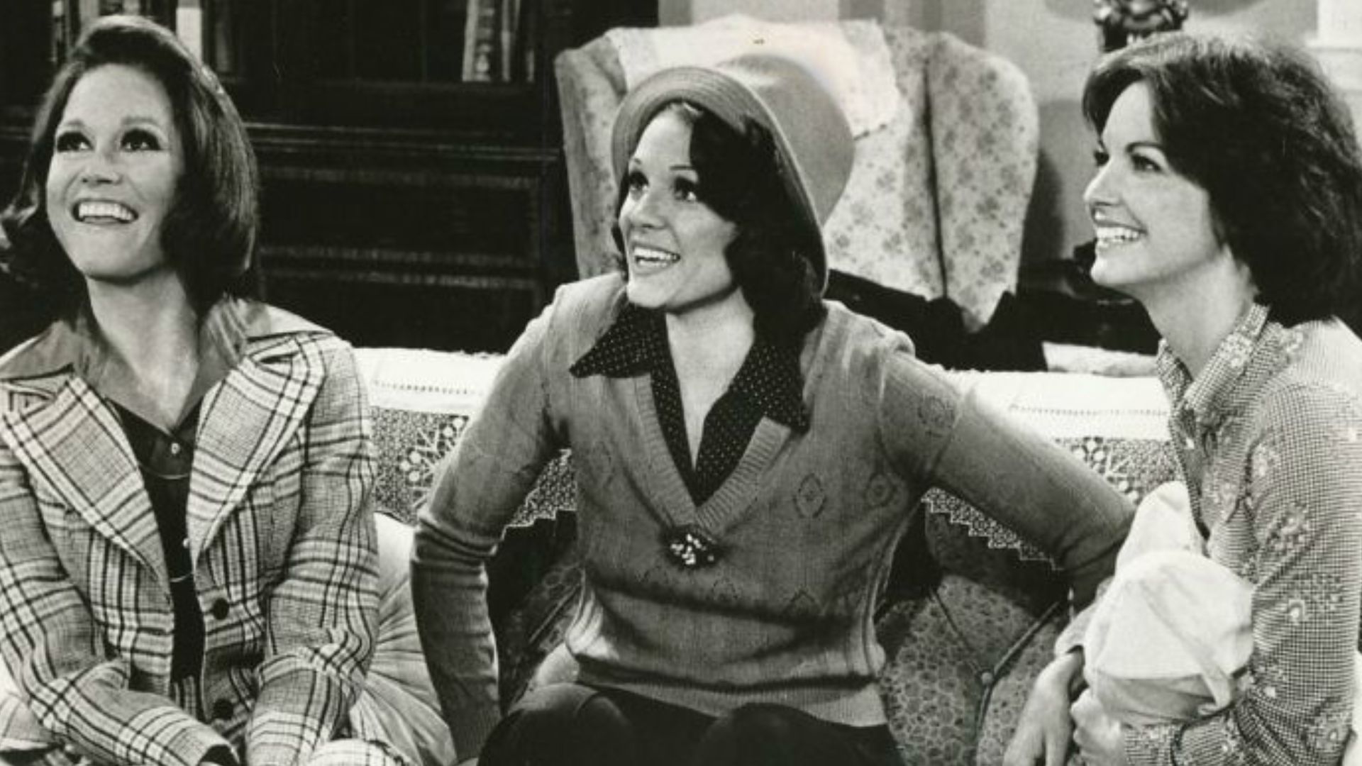 Publicity photo of Mary Tyler Moore, Valerie Harper and Liberty Williams from The Mary Tyler Moore Show. In this episode, Mary and Rhoda are in New York for Rhoda's youger sister's wedding.