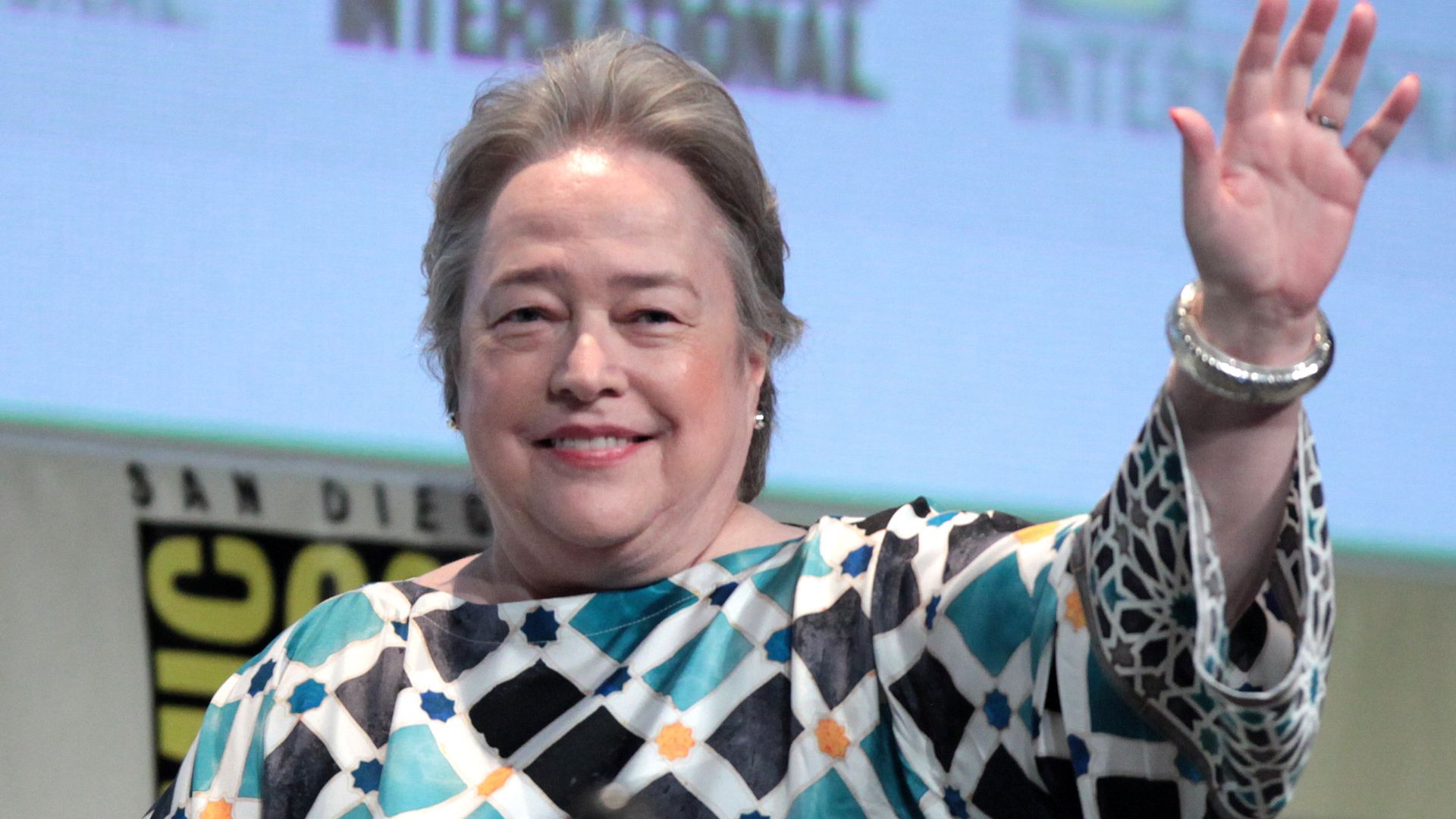Kathy Bates speaking at the 2015 San Diego Comic Con International, for